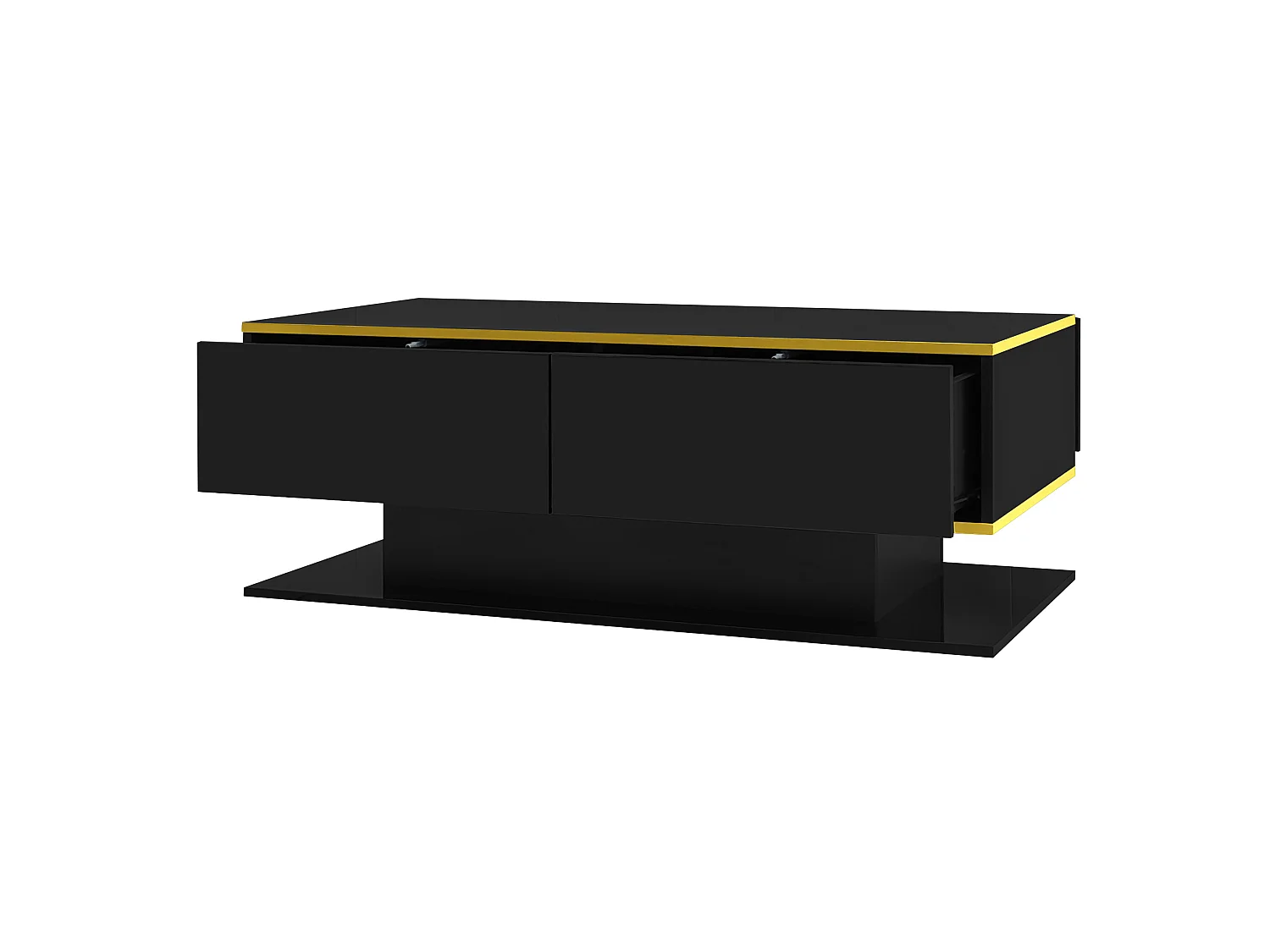 Table basse 100/50/40 cm avec éclairage LED, 3 tiroirs et niche Panneaux de particules noir et doré