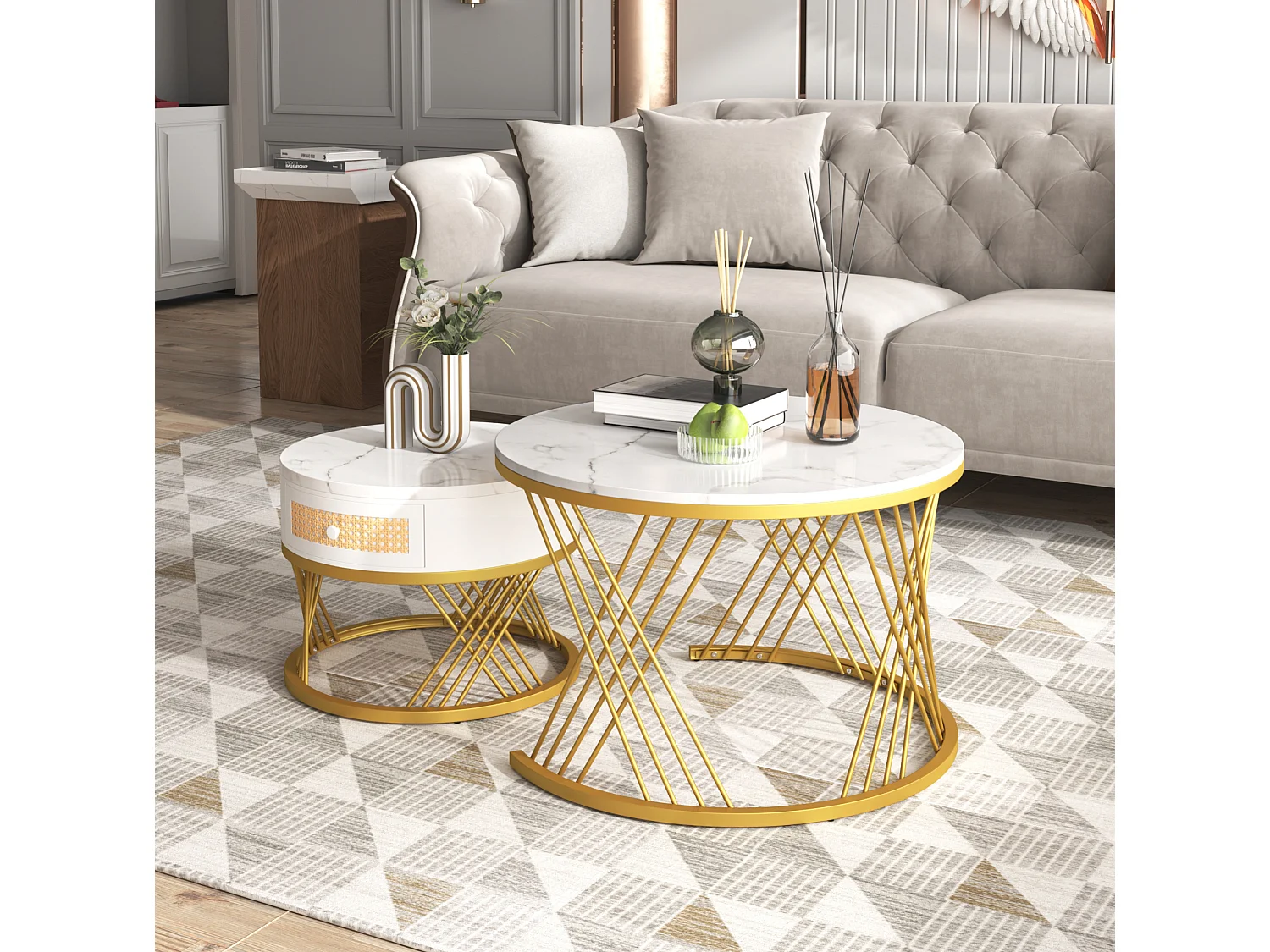 Conjunto de 2 mesas de centro redondas de MDF blanco y metal dorado, con cajón, 70 x 70 x 45,5 cm y 50 x 50 x 38,5 cm