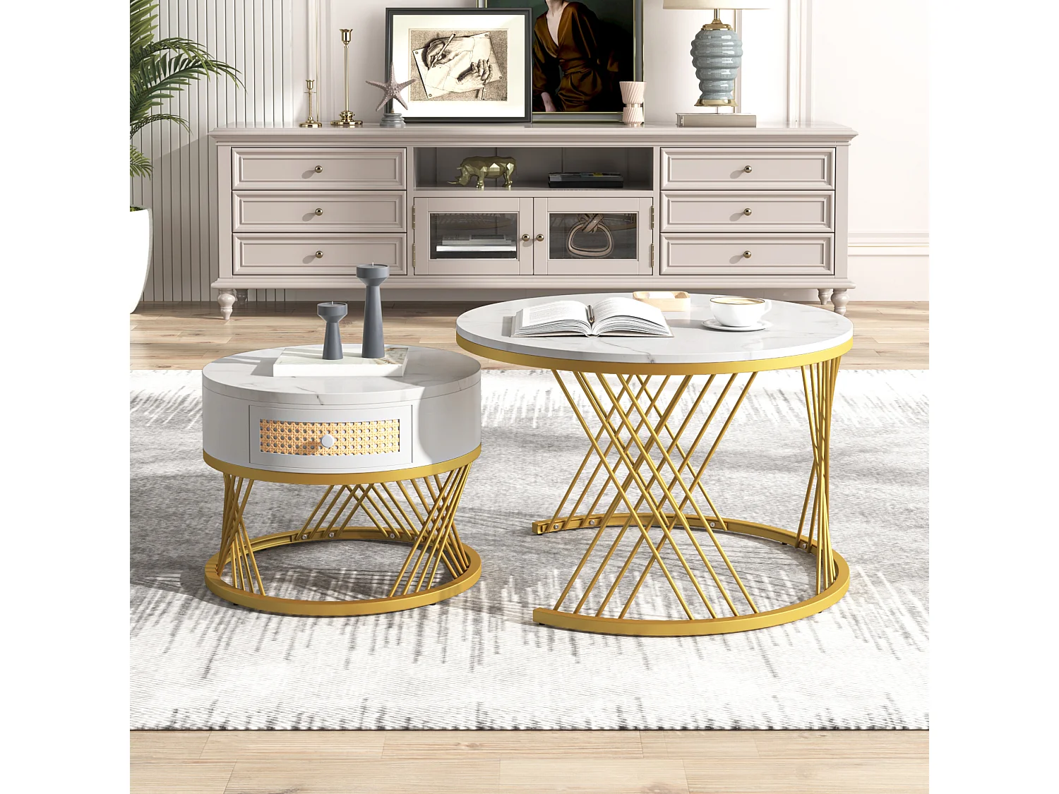 Conjunto de 2 mesas de centro redondas de MDF blanco y metal dorado, con cajón, 70 x 70 x 45,5 cm y 50 x 50 x 38,5 cm