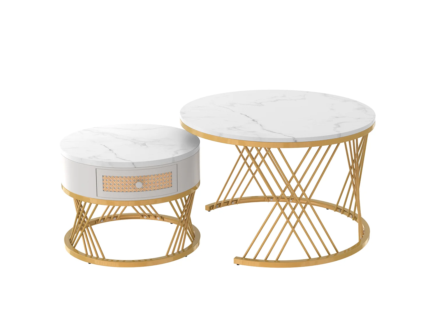 Conjunto de 2 mesas de centro redondas de MDF blanco y metal dorado, con cajón, 70 x 70 x 45,5 cm y 50 x 50 x 38,5 cm