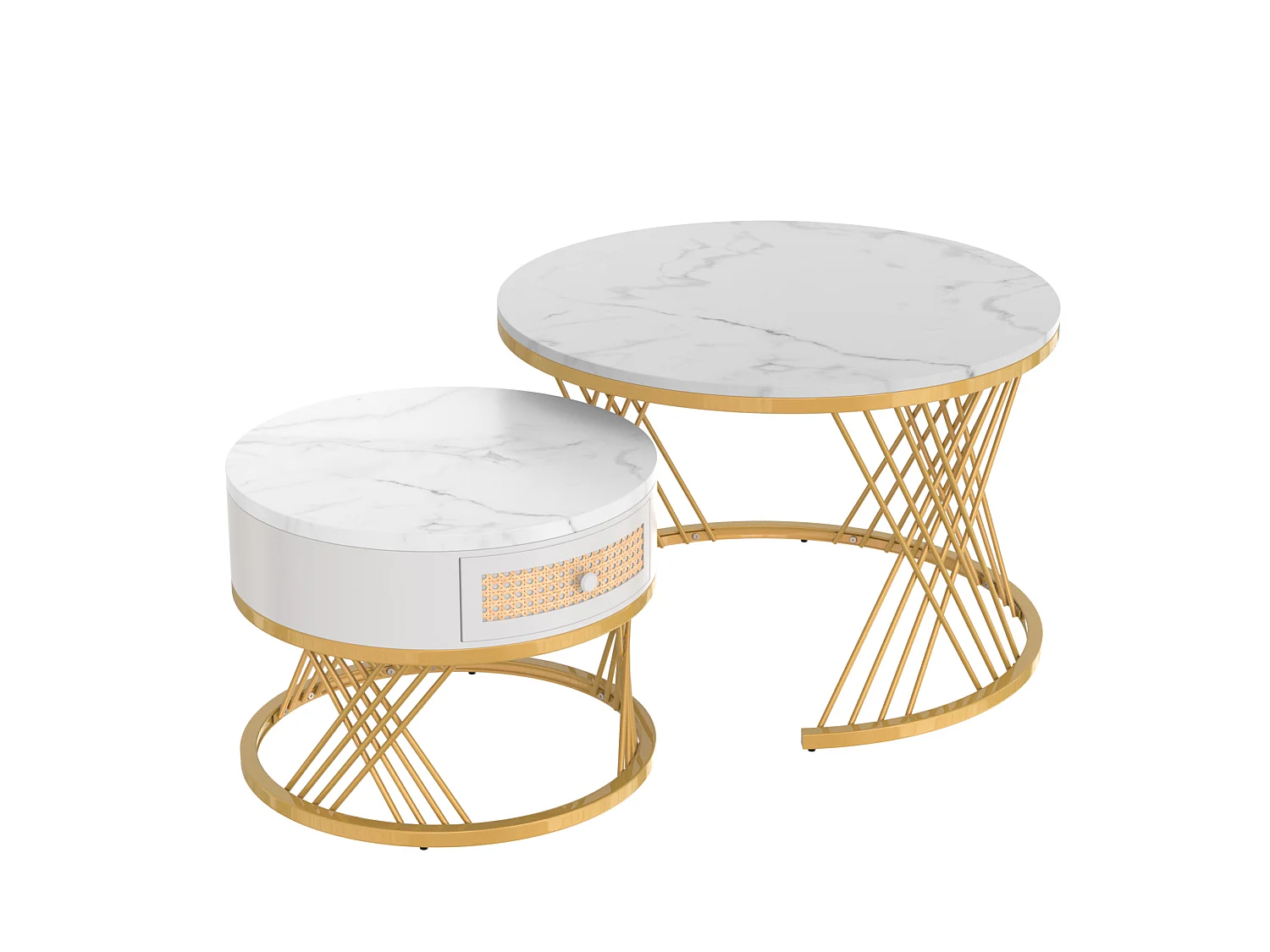 Conjunto de 2 mesas de centro redondas de MDF blanco y metal dorado, con cajón, 70 x 70 x 45,5 cm y 50 x 50 x 38,5 cm