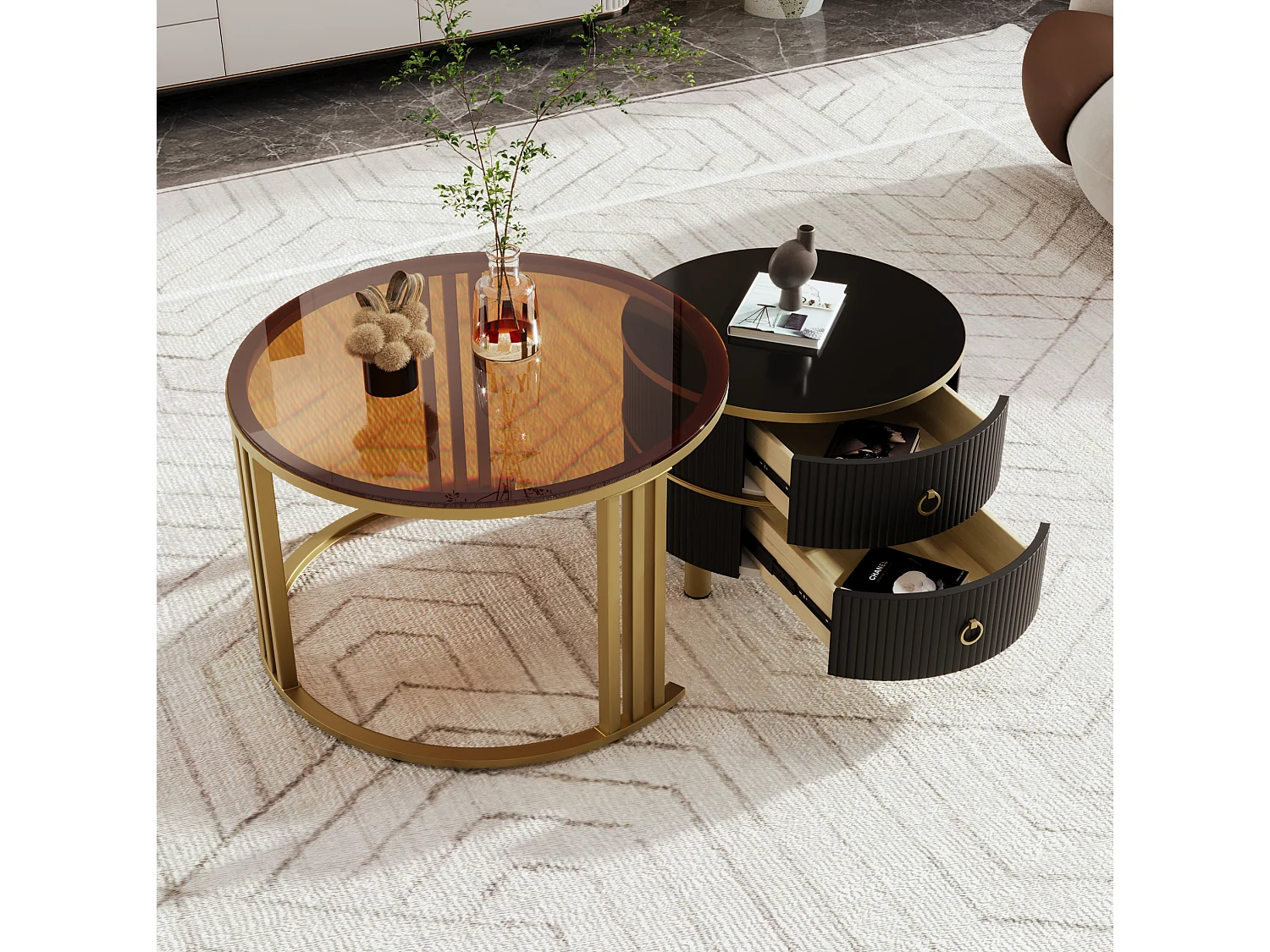 Table basse gigogne 70/70/45 cm avec plateau brillant et plateau en verre trempé noir MDF verre trempé noir Ensemble 2 pièces