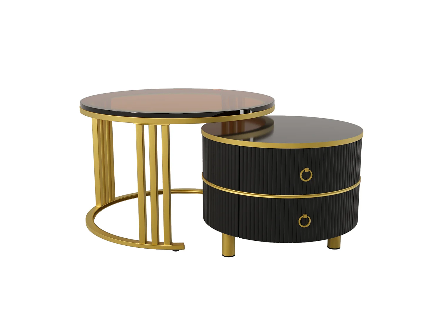 Table basse gigogne 70/70/45 cm avec plateau brillant et plateau en verre trempé noir MDF verre trempé noir Ensemble 2 pièces