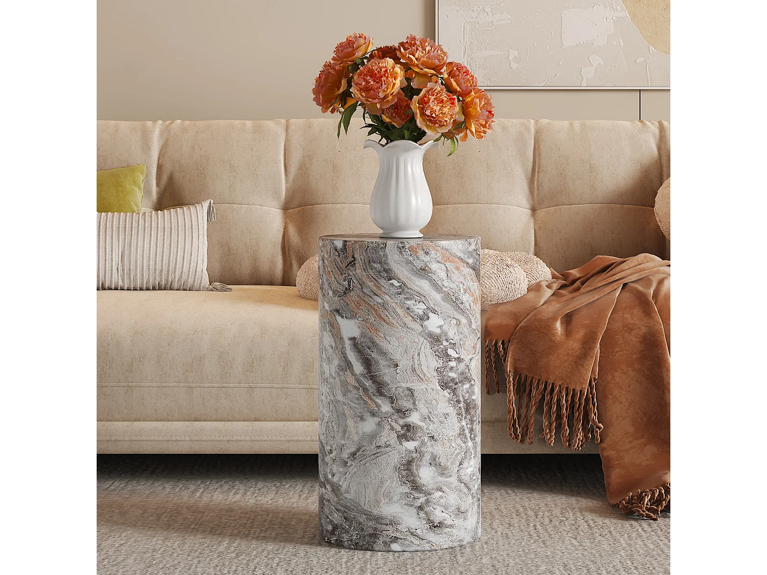 Table basse ronde 30/55 cm avec effet marbre gris MDF