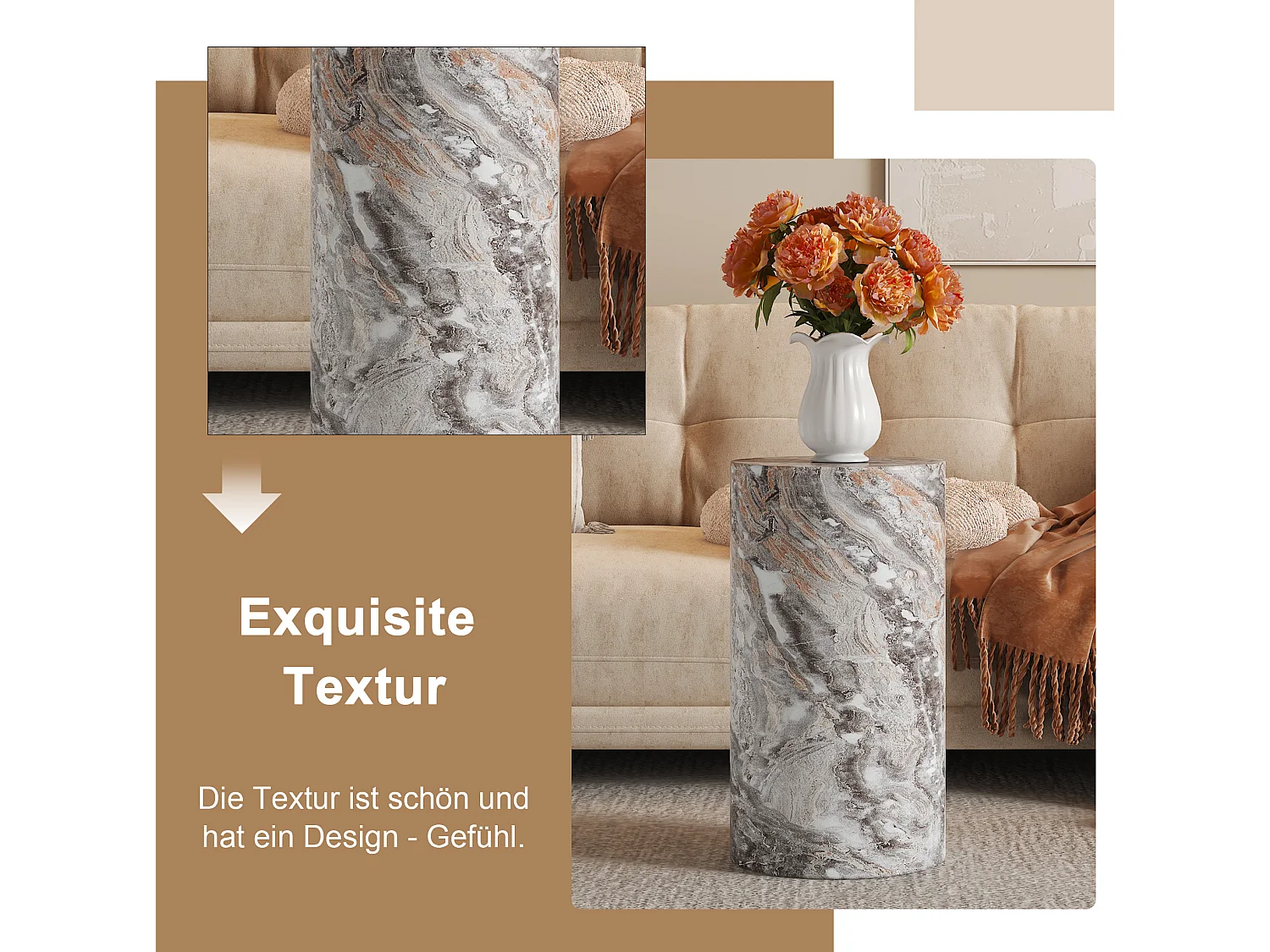 Table basse ronde 30/55 cm avec effet marbre gris MDF