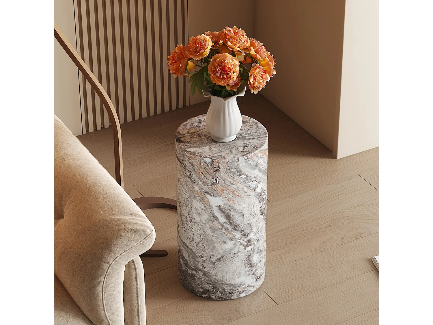 Table basse ronde 30/55 cm avec effet marbre gris MDF