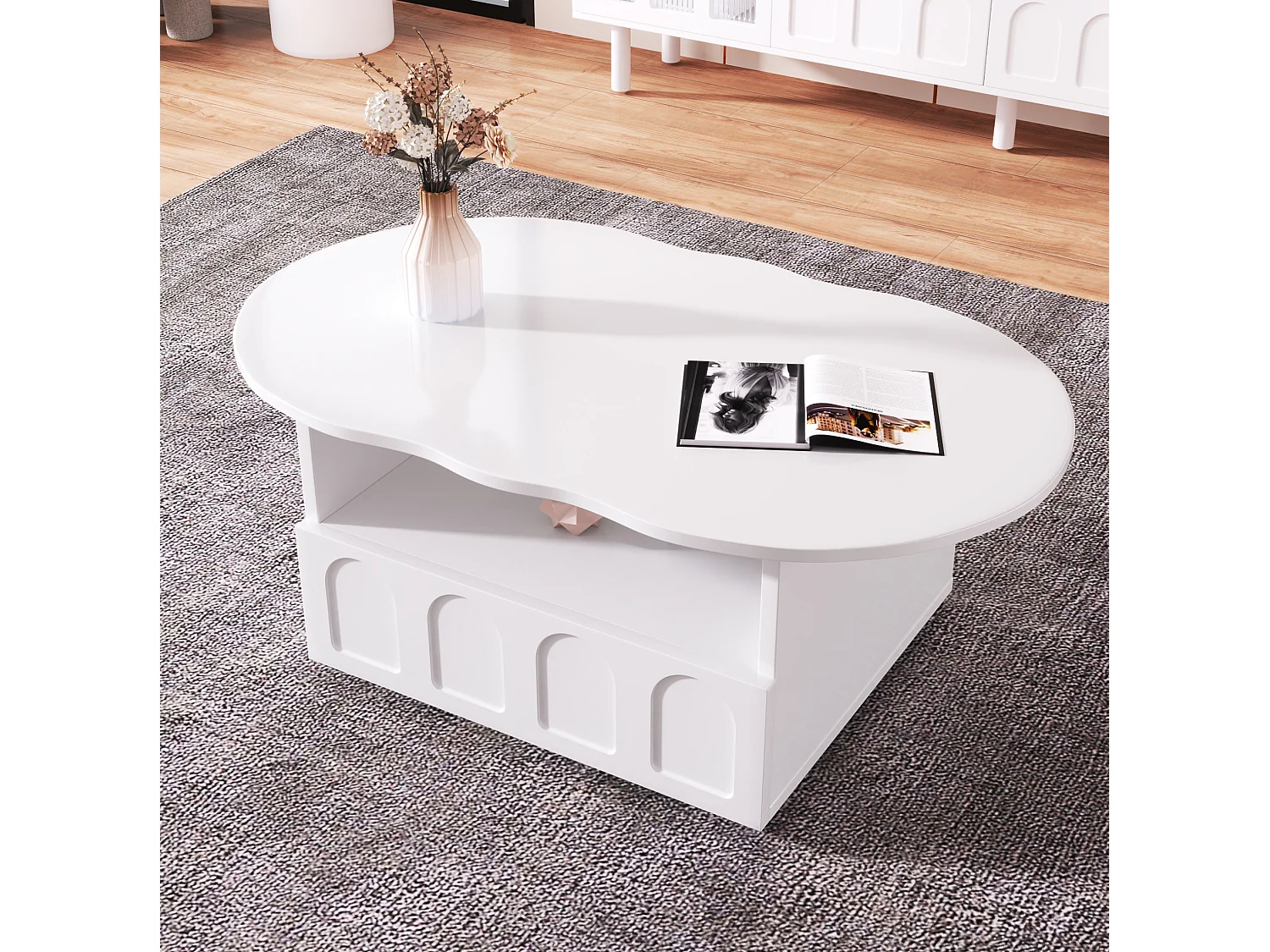 Table basse 100/60/40.5 cm avec tiroir à ouverture push-to-open et niche de rangement Blanc panneau de particules