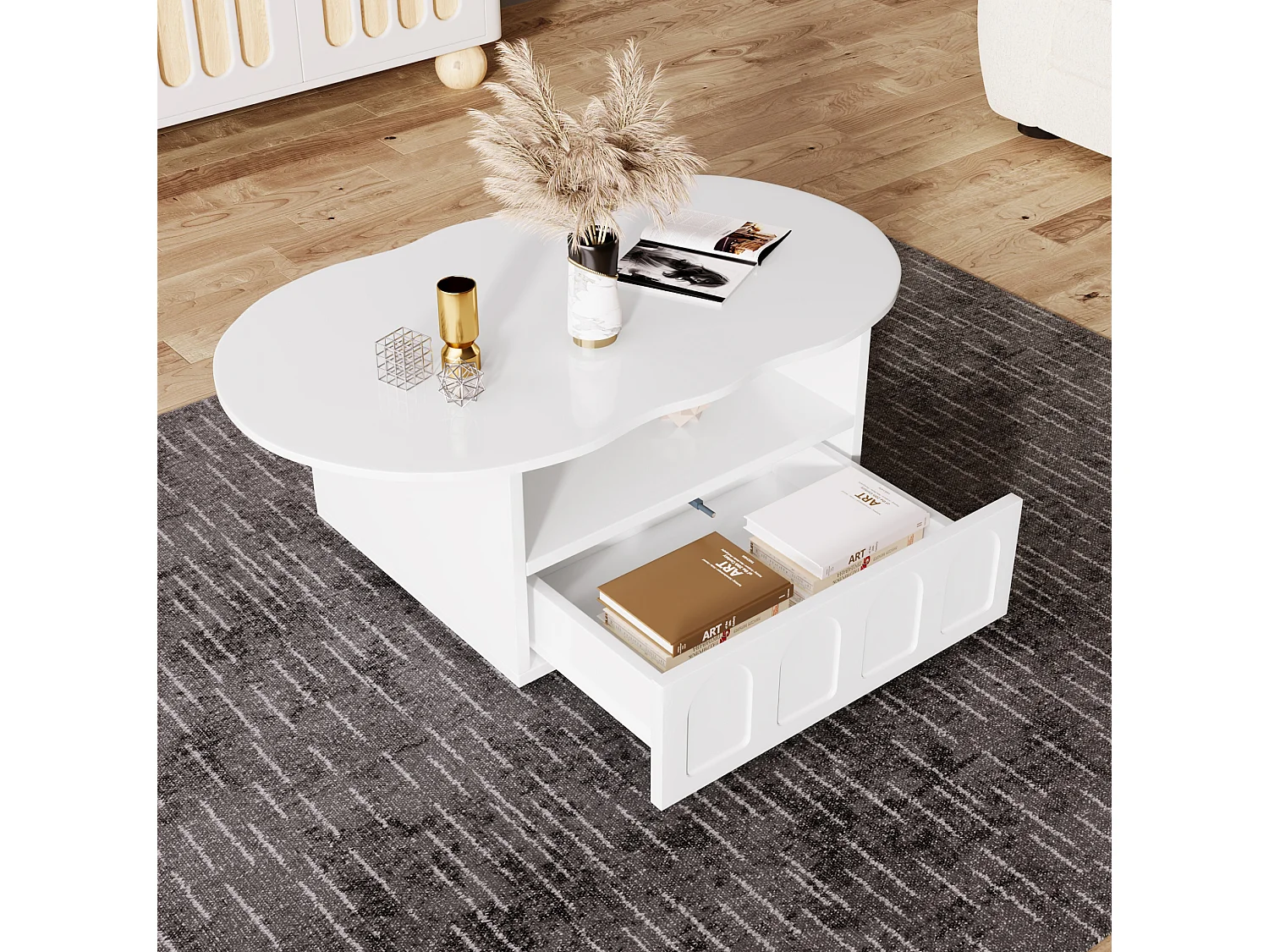Table basse 100/60/40.5 cm avec tiroir à ouverture push-to-open et niche de rangement Blanc panneau de particules