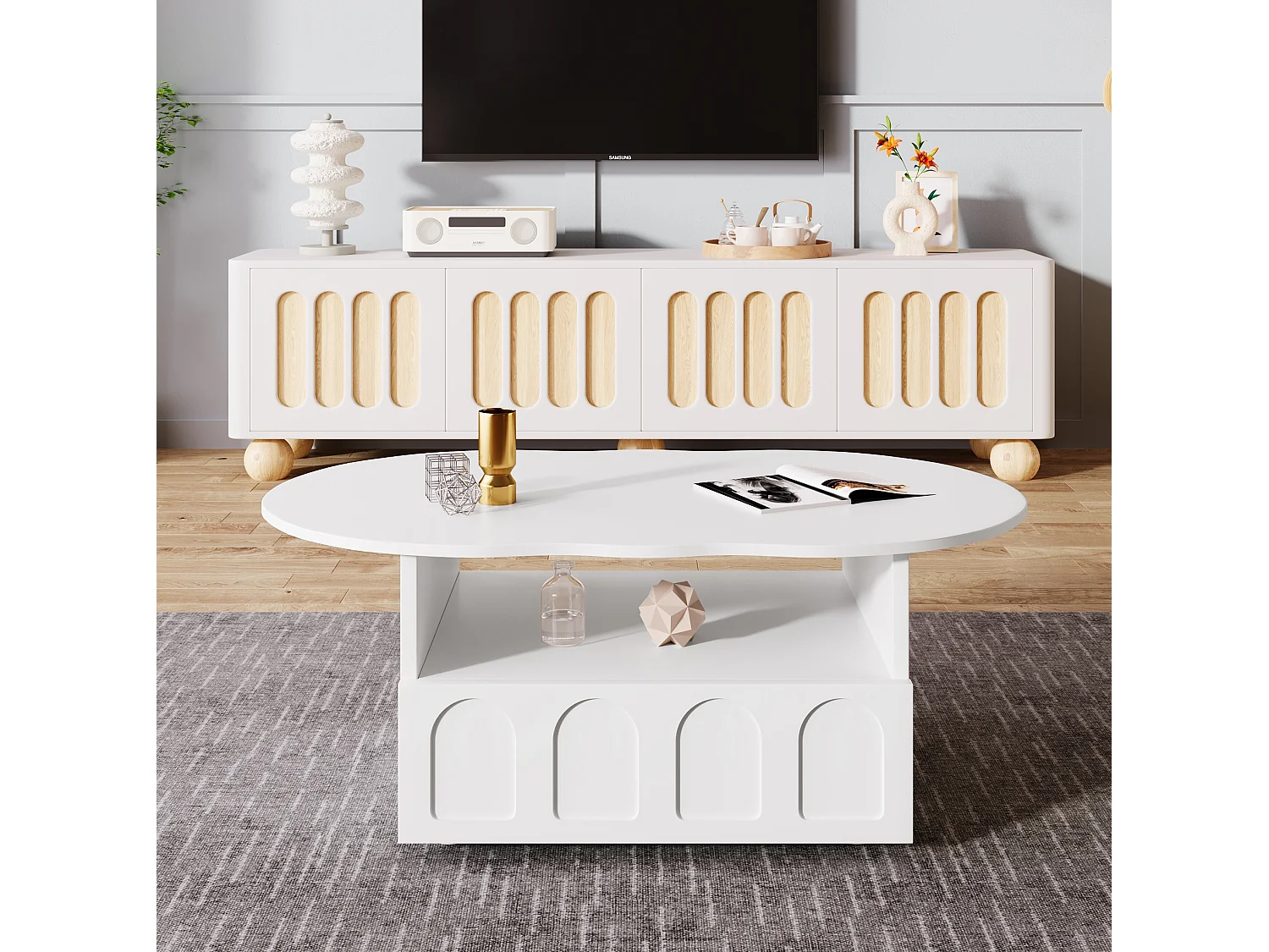 Table basse 100/60/40.5 cm avec tiroir à ouverture push-to-open et niche de rangement Blanc panneau de particules