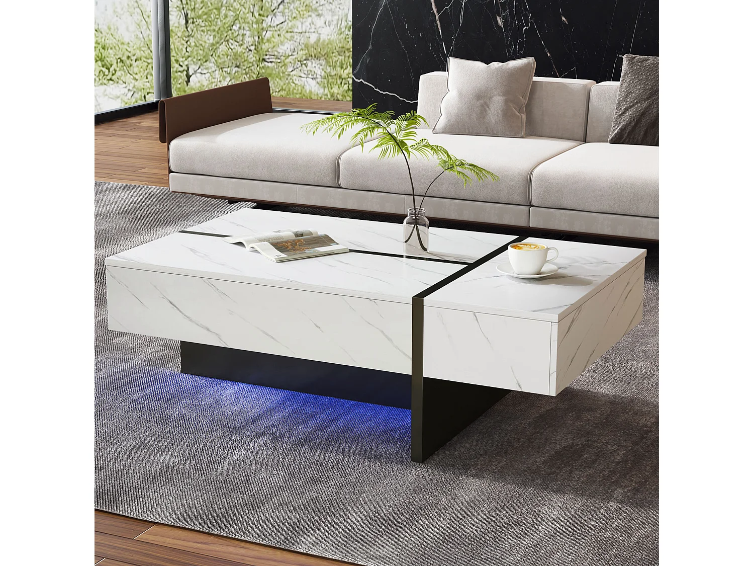 Table basse 105/60/35 cm avec éclairage LED, 3 tiroirs, motif marbre, finition brillant blanc particules de bois