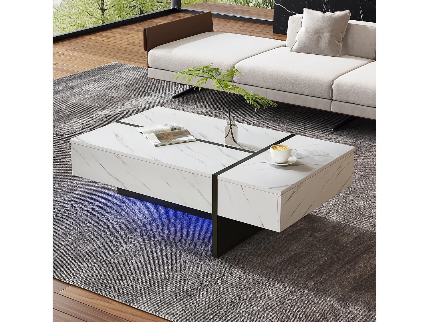 Table basse 105/60/35 cm avec éclairage LED, 3 tiroirs, motif marbre, finition brillant blanc particules de bois
