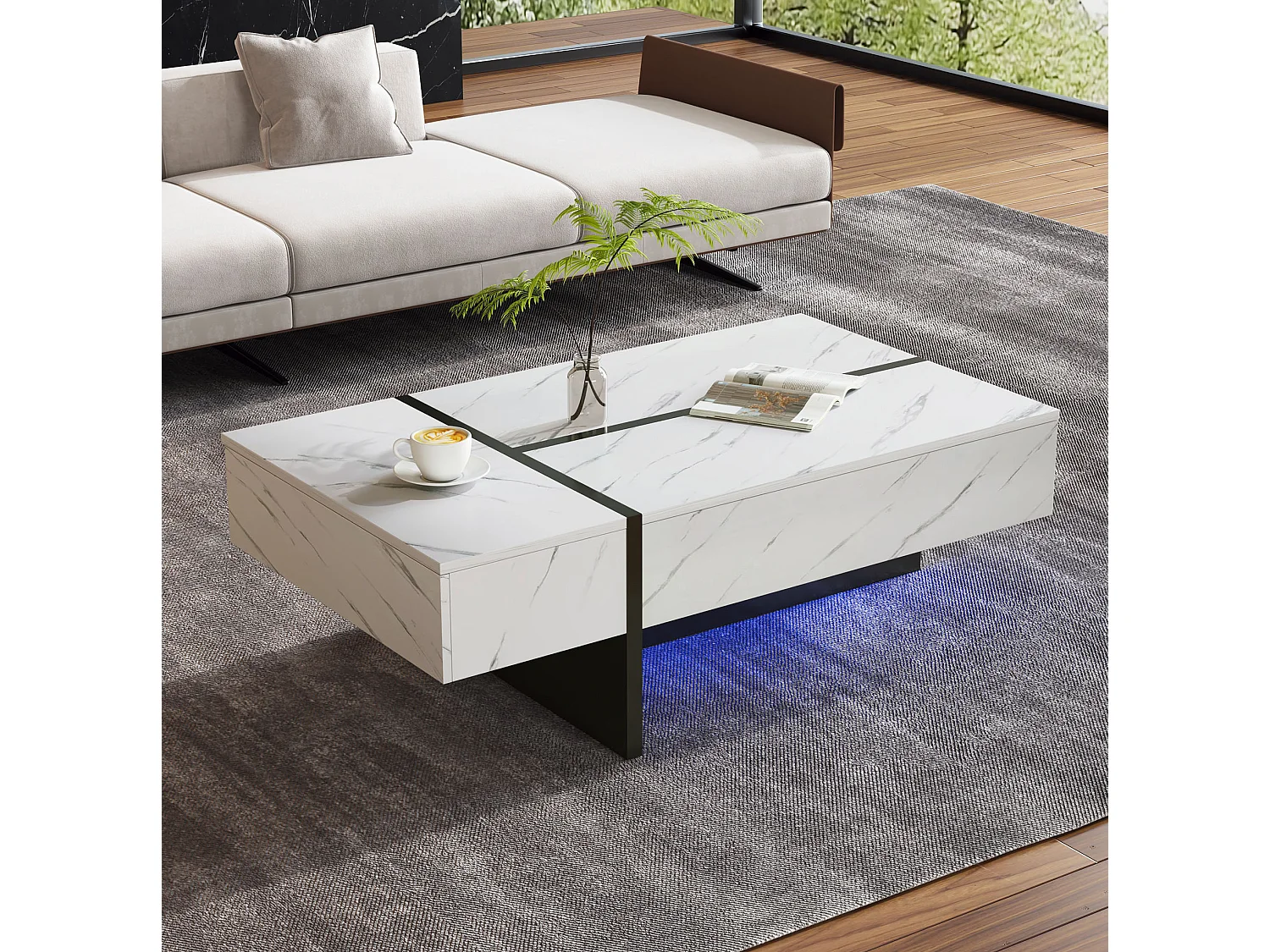 Table basse 105/60/35 cm avec éclairage LED, 3 tiroirs, motif marbre, finition brillant blanc particules de bois