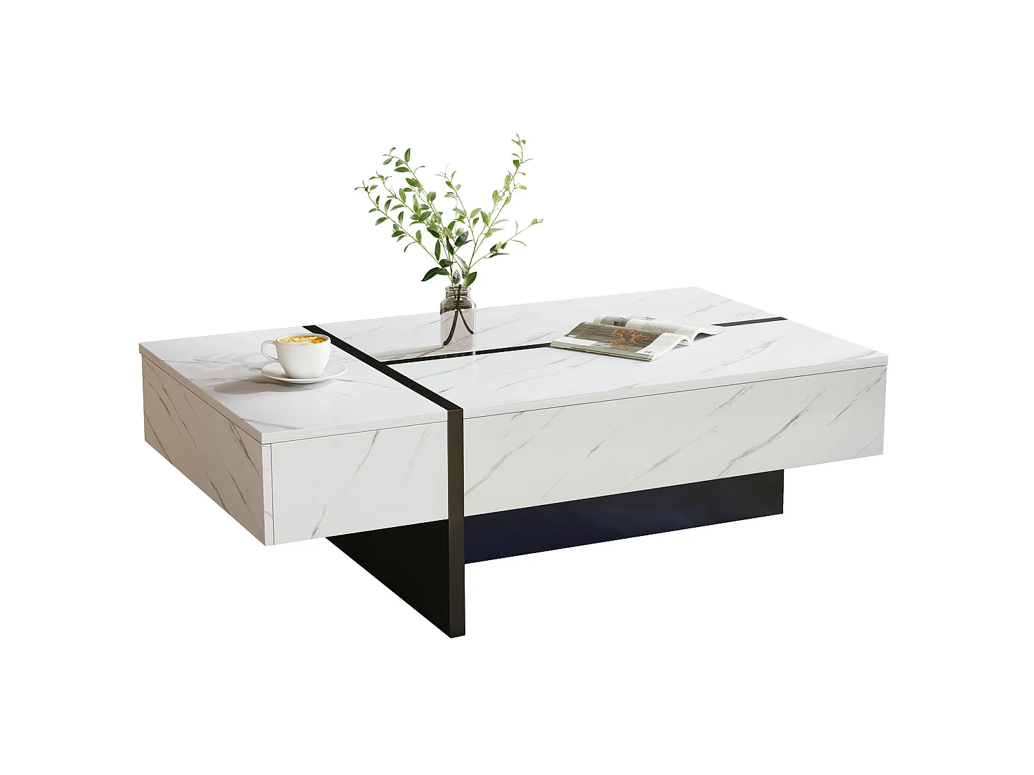Table basse 105/60/35 cm avec éclairage LED, 3 tiroirs, motif marbre, finition brillant blanc particules de bois