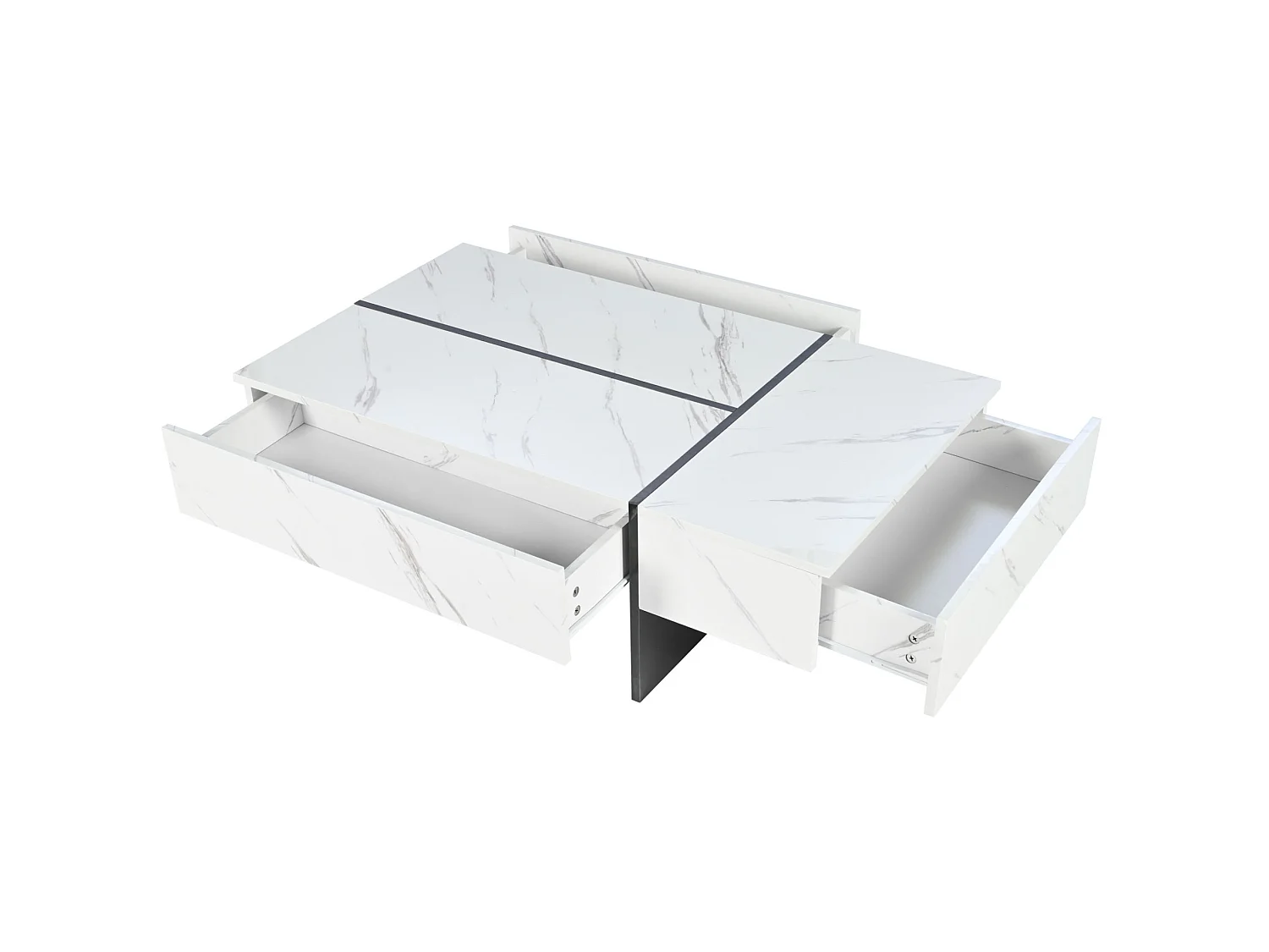 Table basse 105/60/35 cm avec éclairage LED, 3 tiroirs, motif marbre, finition brillant blanc particules de bois
