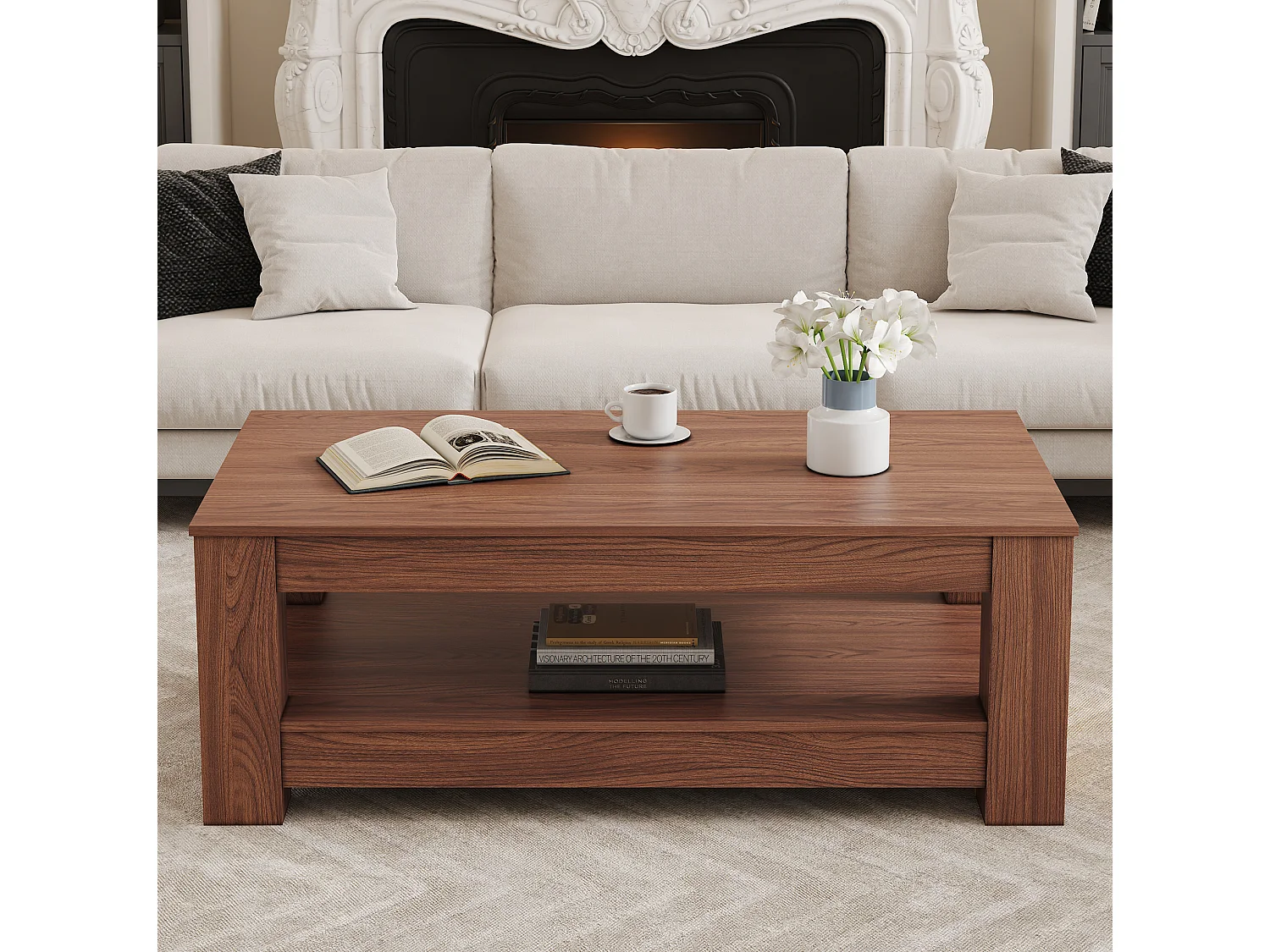 Table basse avec rangement MDF noyer