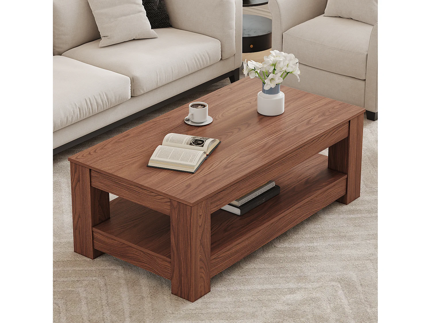 Table basse avec rangement MDF noyer