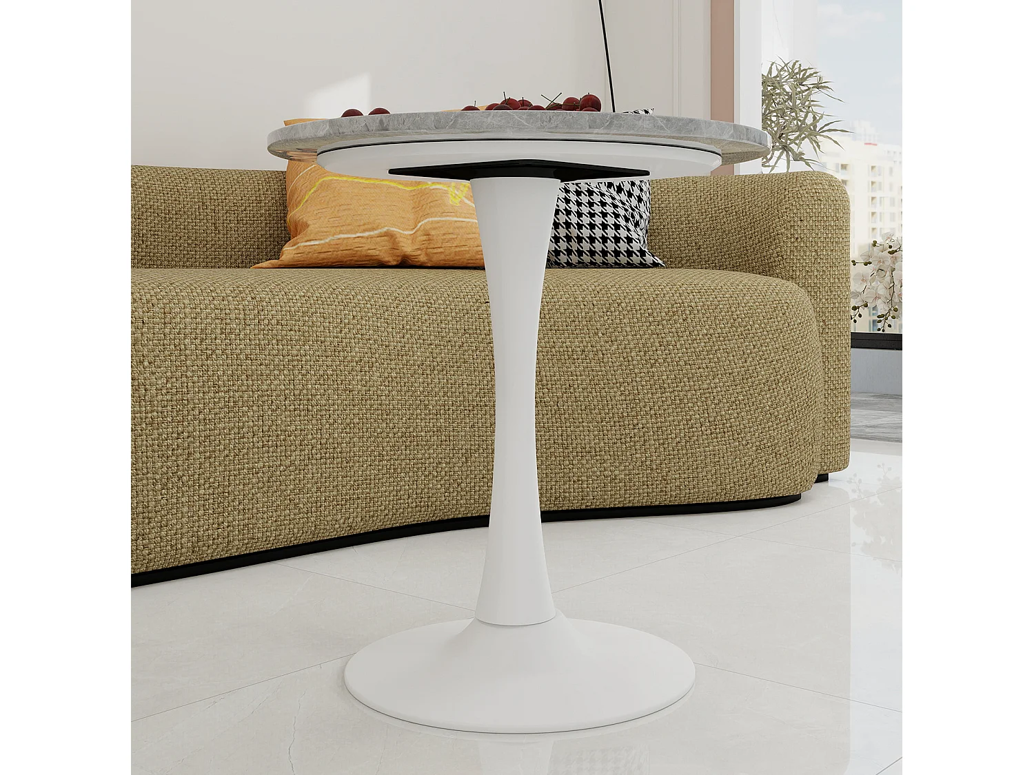 Table basse ronde 70/70 cm avec plateau effet marbre Marbre artificiel gris et blanc