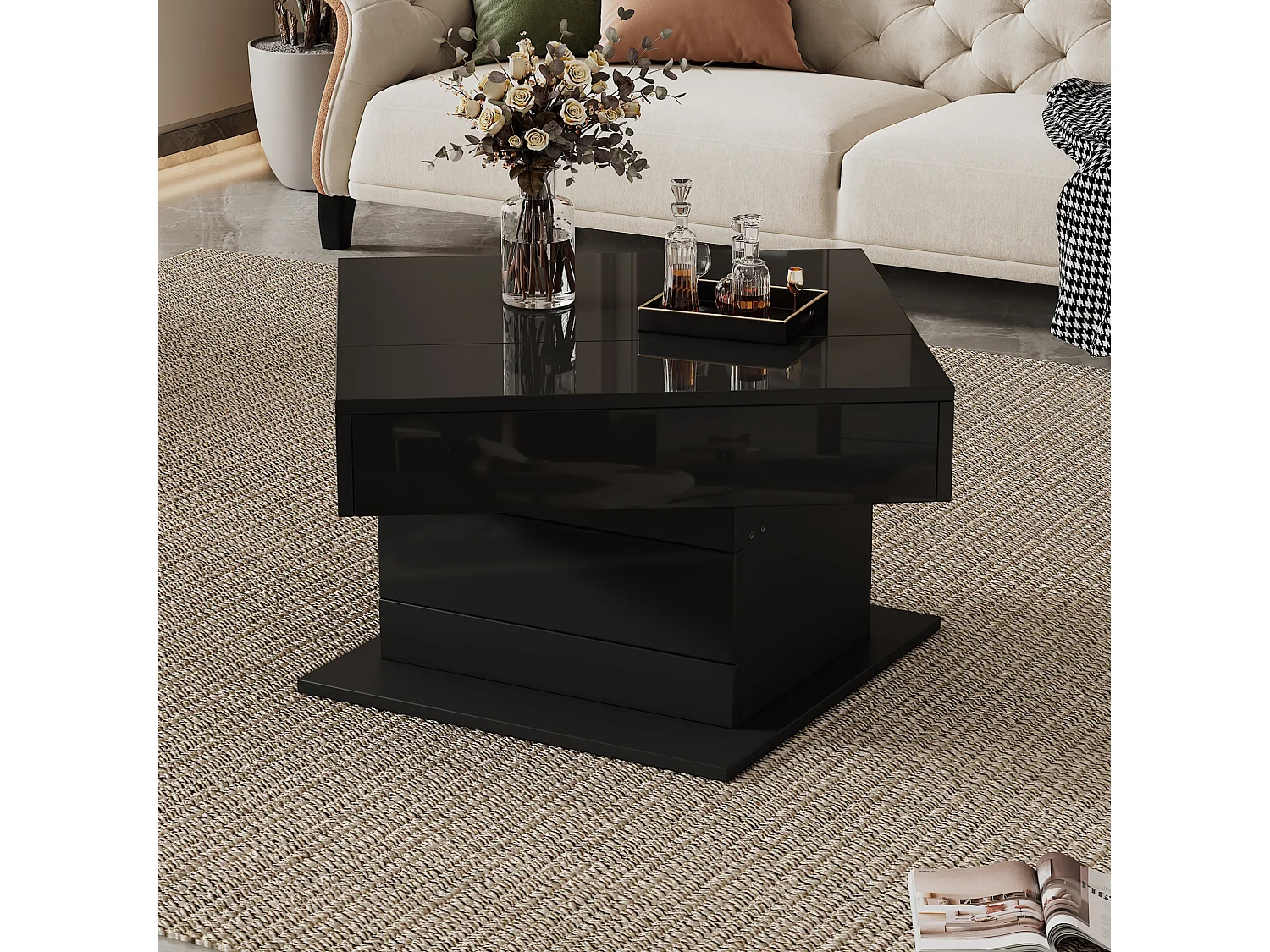 Tavolino da salotto in truciolato nero 70 x 70 cm con piano sollevabile e girevole, cassetto e vano nascosto