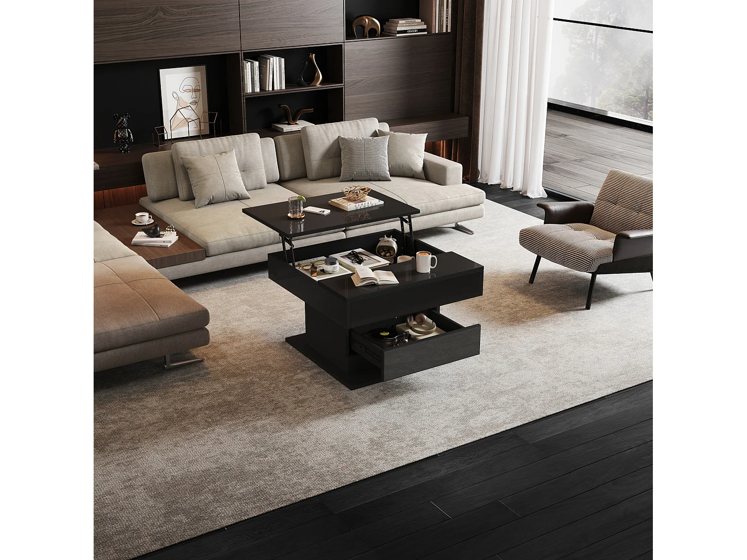 Tavolino da salotto in truciolato nero 70 x 70 cm con piano sollevabile e girevole, cassetto e vano nascosto