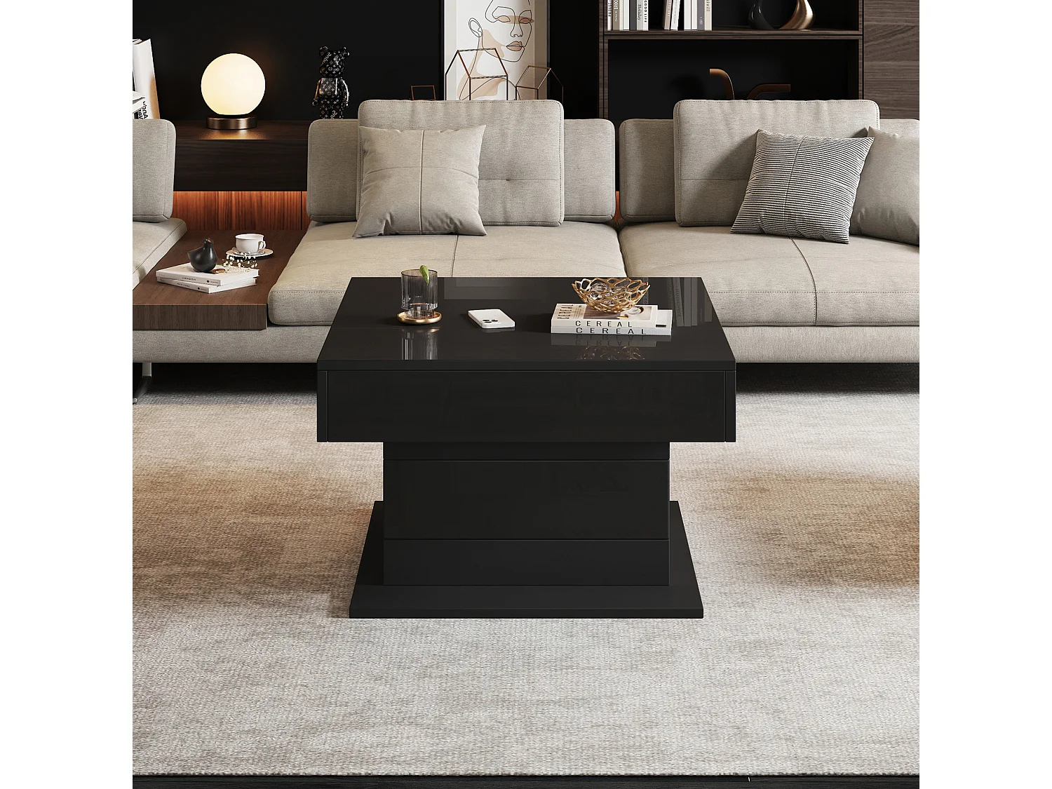 Tavolino da salotto in truciolato nero 70 x 70 cm con piano sollevabile e girevole, cassetto e vano nascosto