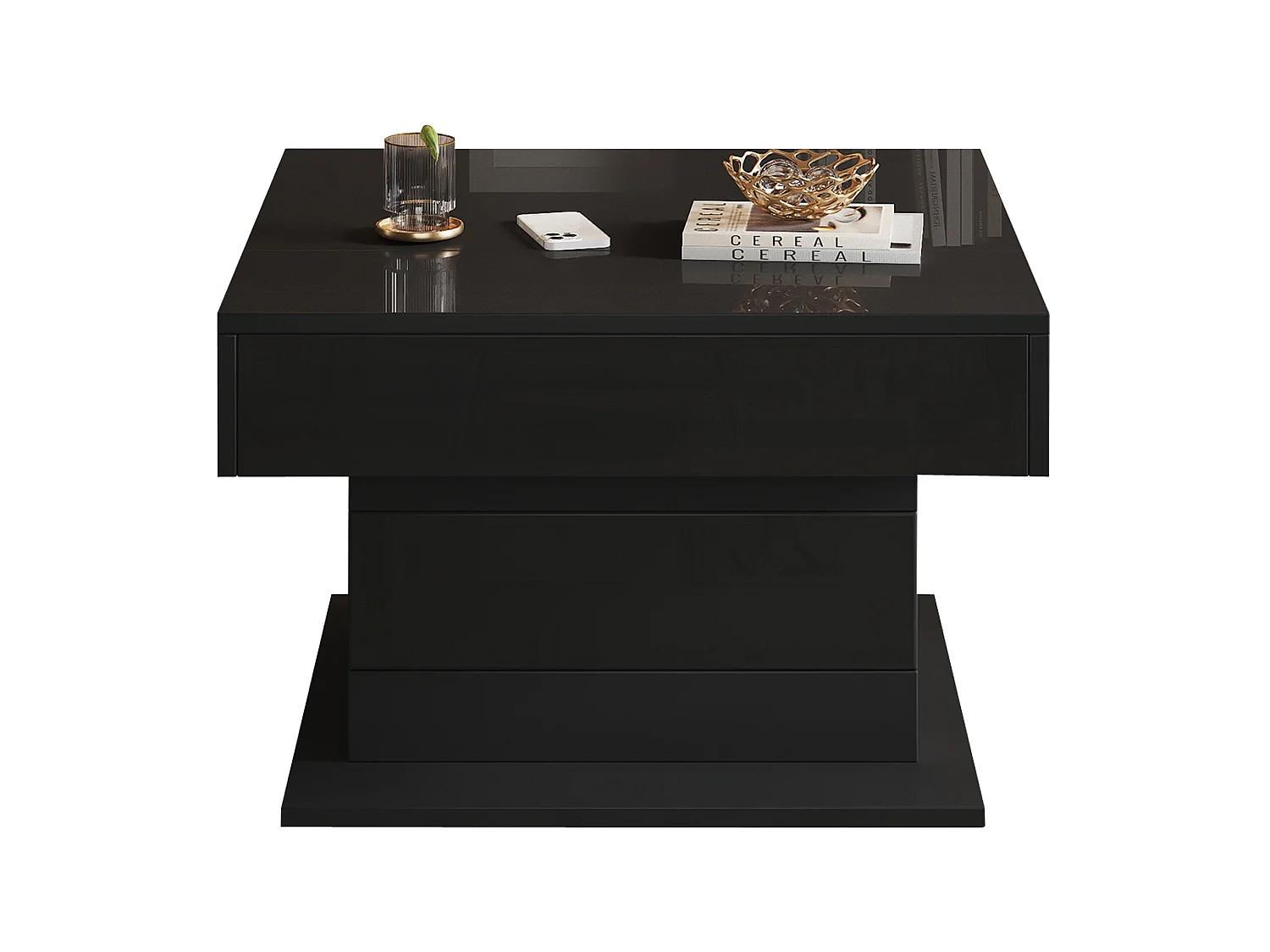 Tavolino da salotto in truciolato nero 70 x 70 cm con piano sollevabile e girevole, cassetto e vano nascosto