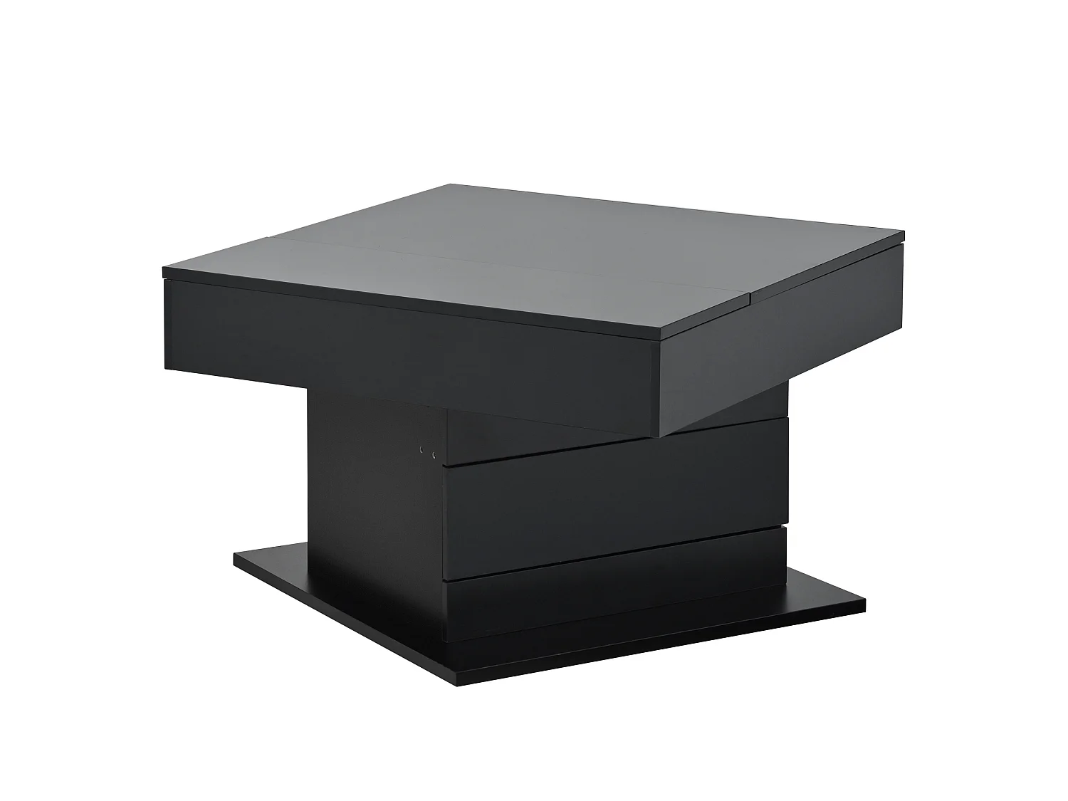 Tavolino da salotto in truciolato nero 70 x 70 cm con piano sollevabile e girevole, cassetto e vano nascosto