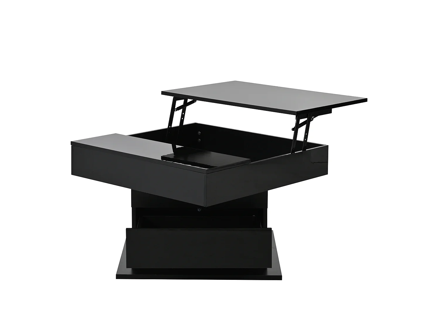 Tavolino da salotto in truciolato nero 70 x 70 cm con piano sollevabile e girevole, cassetto e vano nascosto