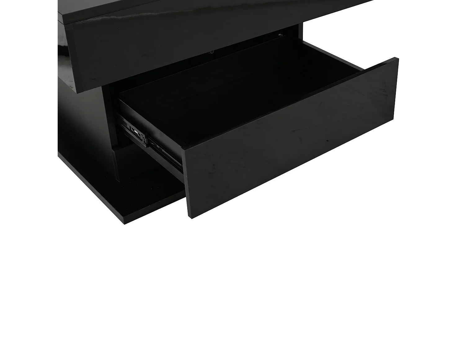 Tavolino da salotto in truciolato nero 70 x 70 cm con piano sollevabile e girevole, cassetto e vano nascosto