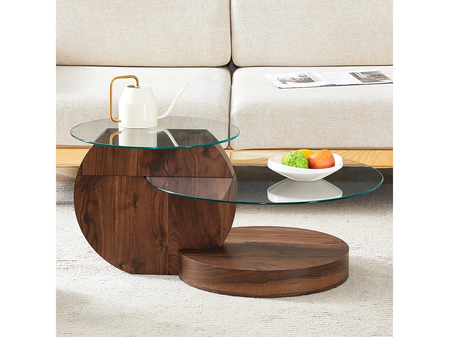 Table basse 70/50 cm avec plateaux en verre trempé MDF transparent et noyer