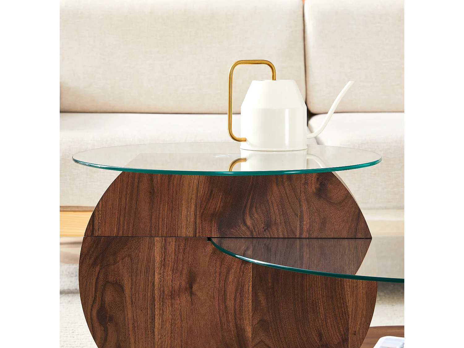 Table basse 70/50 cm avec plateaux en verre trempé MDF transparent et noyer