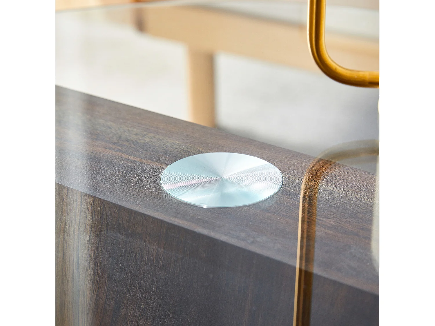 Table basse 70/50 cm avec plateaux en verre trempé MDF transparent et noyer