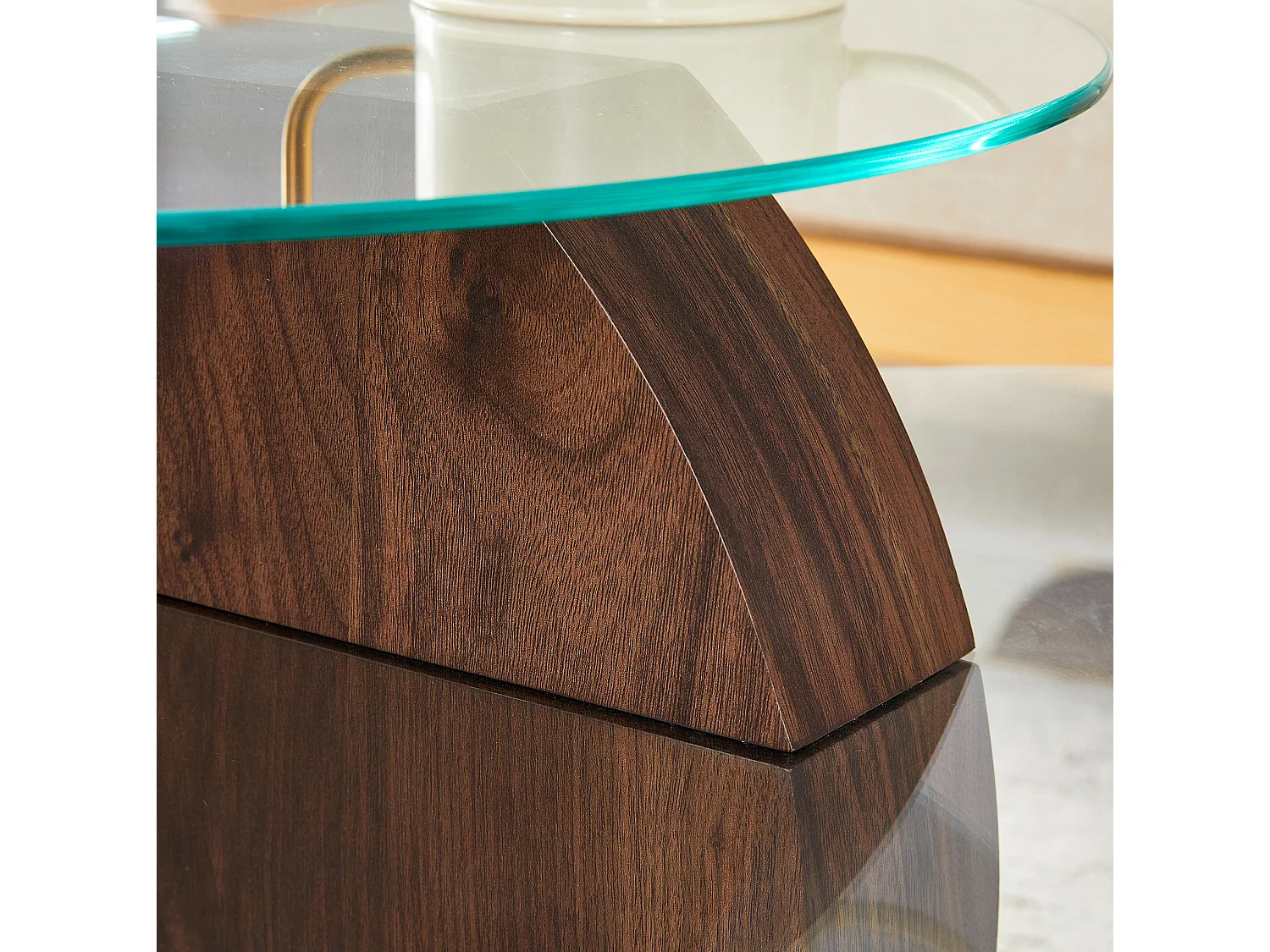 Table basse 70/50 cm avec plateaux en verre trempé MDF transparent et noyer