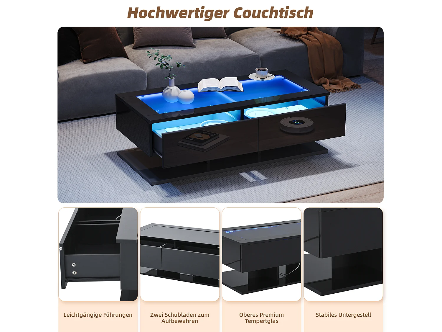 Table basse 100/50/35 cm avec 2 tiroirs avec éclairage LED et plateau en verre trempé, mélaminé noir brillant