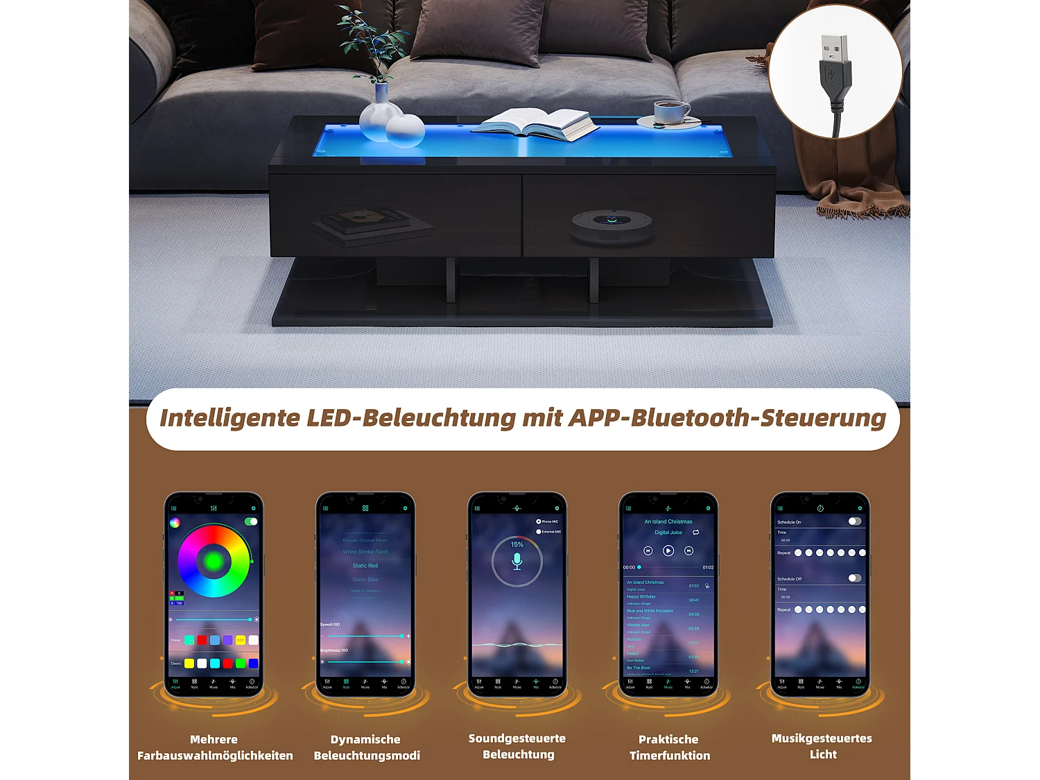 Table basse 100/50/35 cm avec 2 tiroirs avec éclairage LED et plateau en verre trempé, mélaminé noir brillant