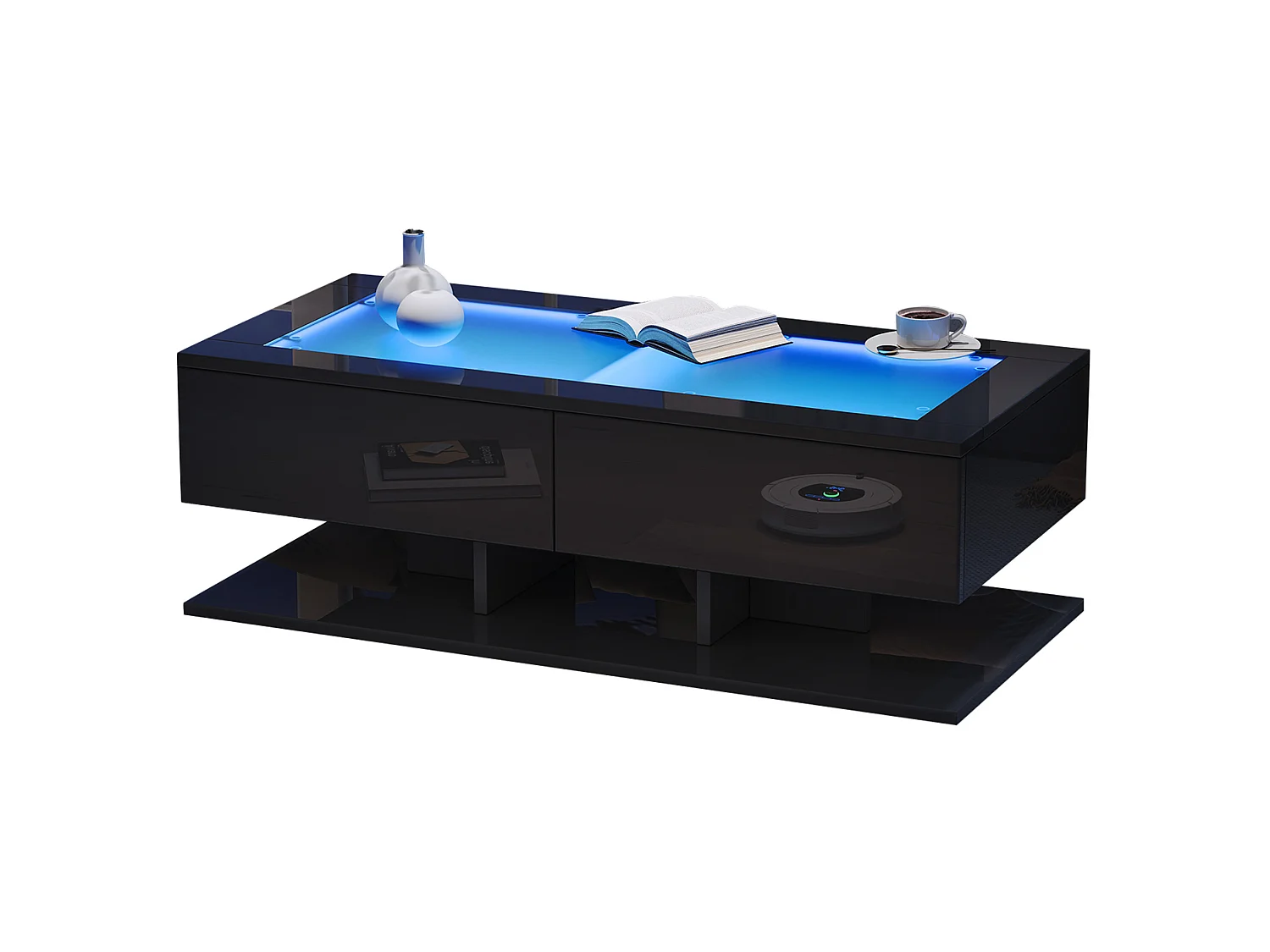 Table basse 100/50/35 cm avec 2 tiroirs avec éclairage LED et plateau en verre trempé, mélaminé noir brillant