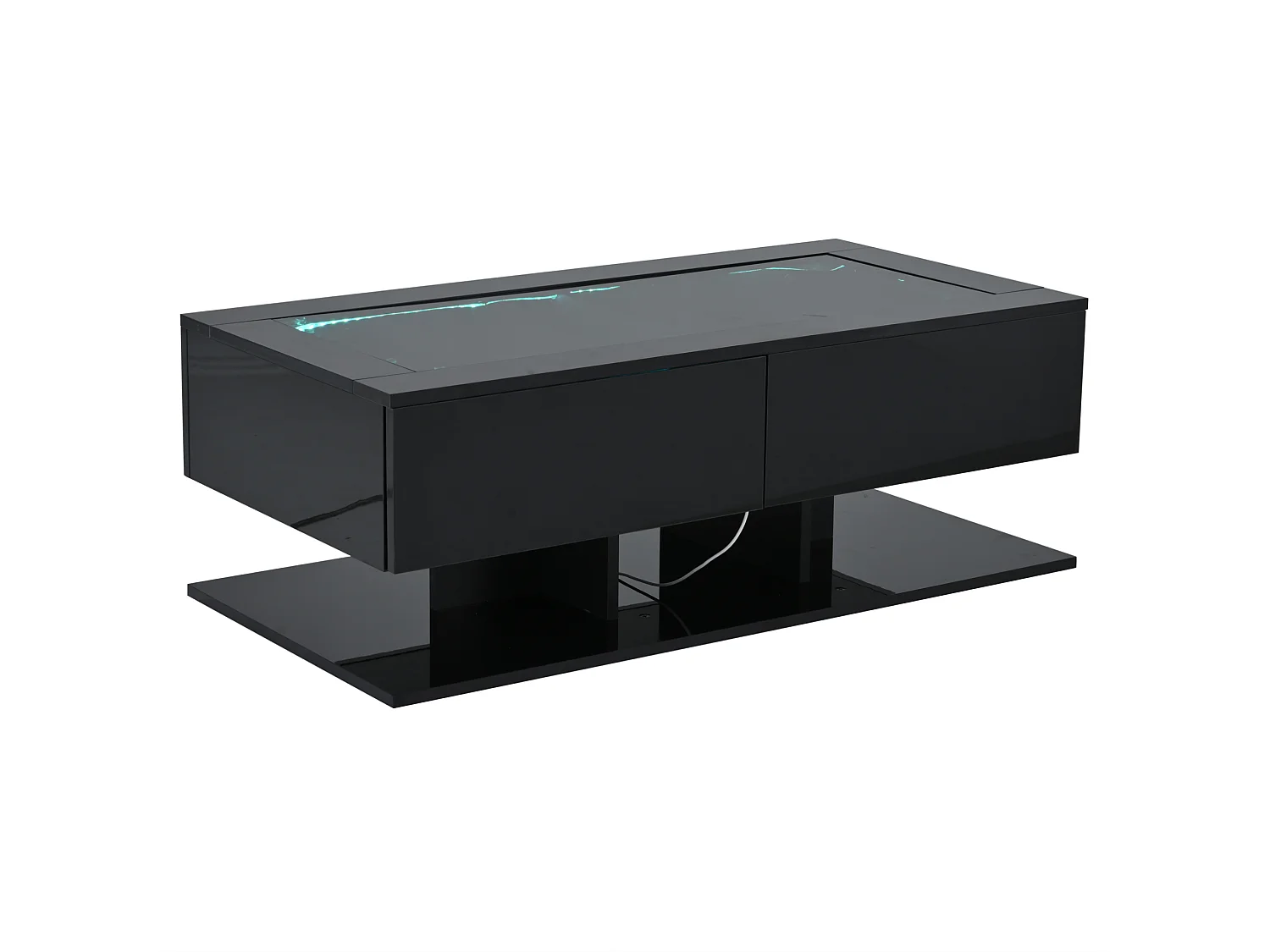 Table basse 100/50/35 cm avec 2 tiroirs avec éclairage LED et plateau en verre trempé, mélaminé noir brillant