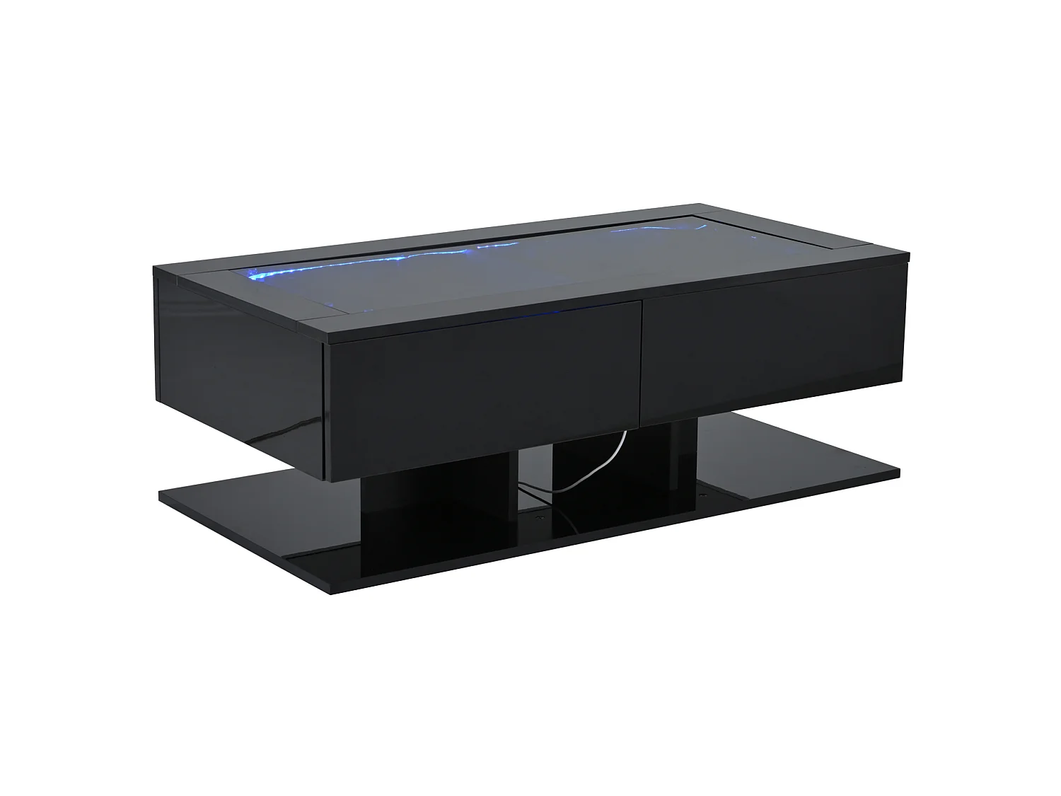 Table basse 100/50/35 cm avec 2 tiroirs avec éclairage LED et plateau en verre trempé, mélaminé noir brillant