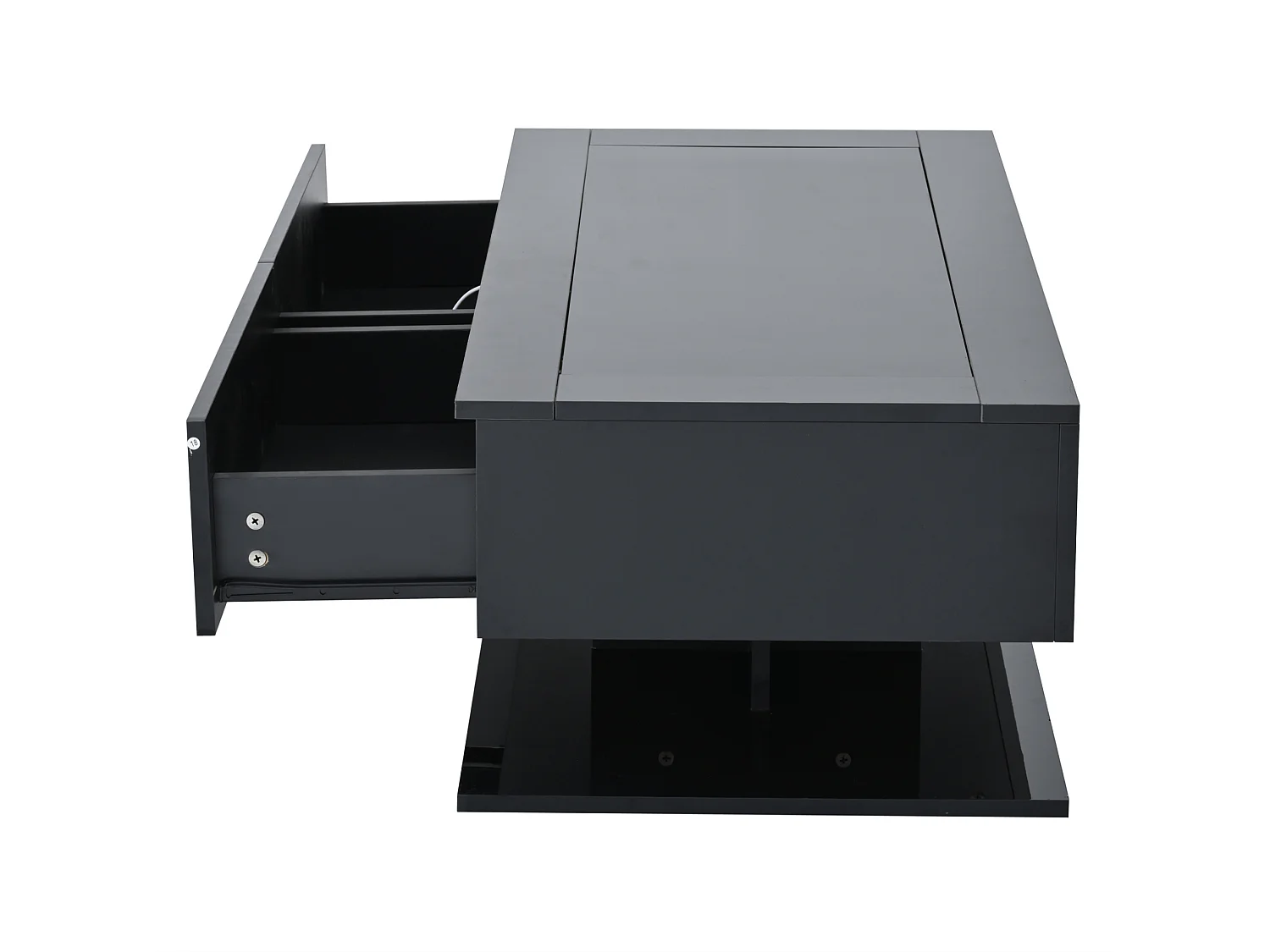 Table basse 100/50/35 cm avec 2 tiroirs avec éclairage LED et plateau en verre trempé, mélaminé noir brillant
