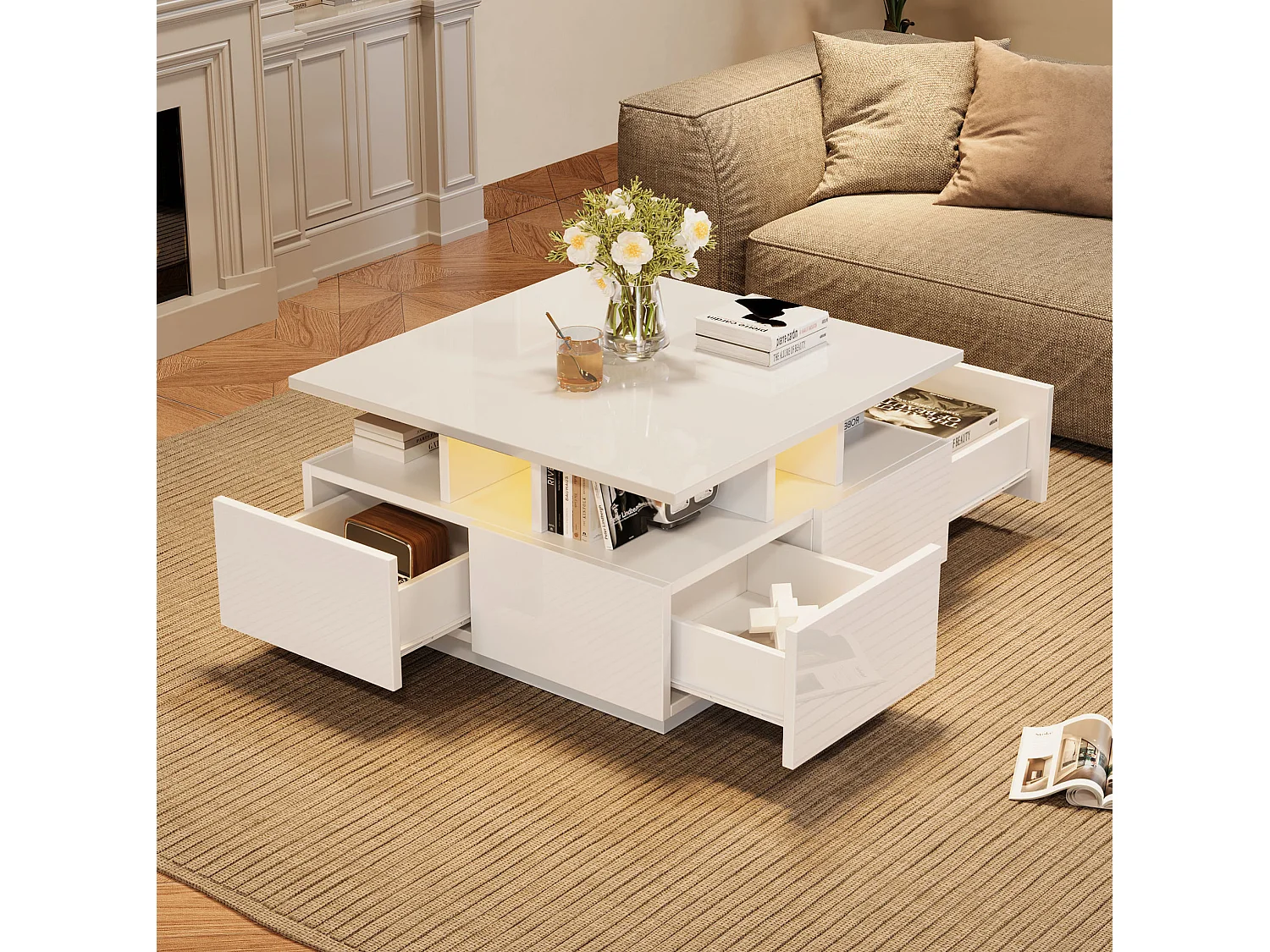 Tavolino da salotto in truciolare bianco lucido 70 x 70 x 40 cm con 4 cassetti e luce LED