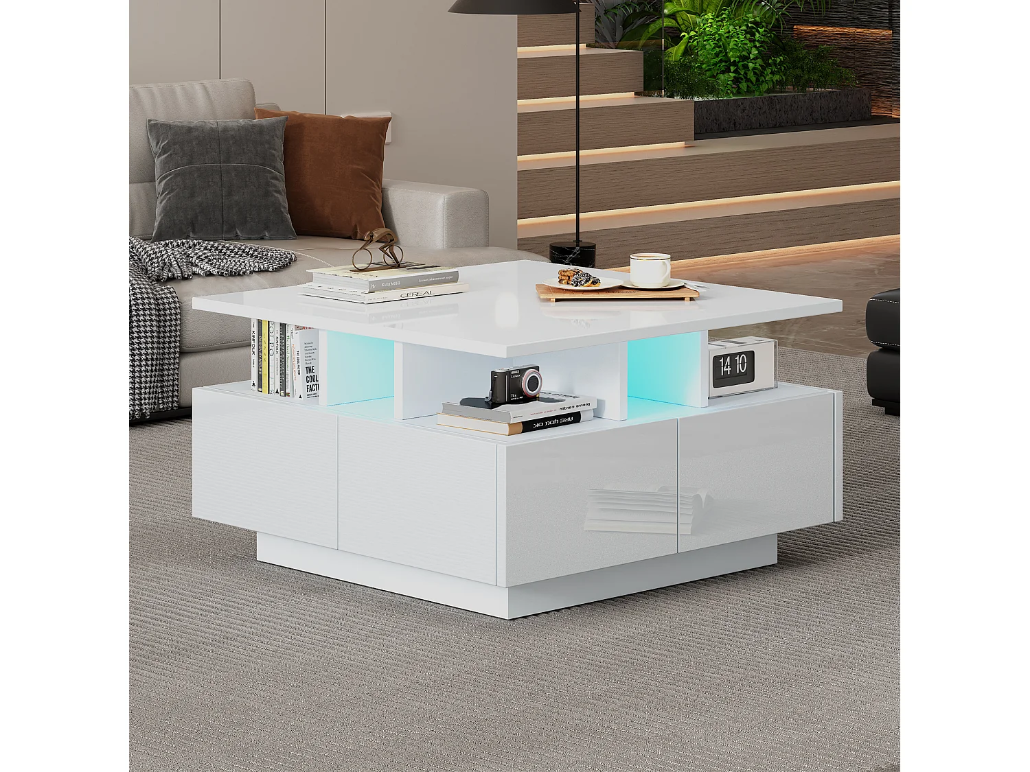 Tavolino da salotto in truciolare bianco lucido 70 x 70 x 40 cm con 4 cassetti e luce LED