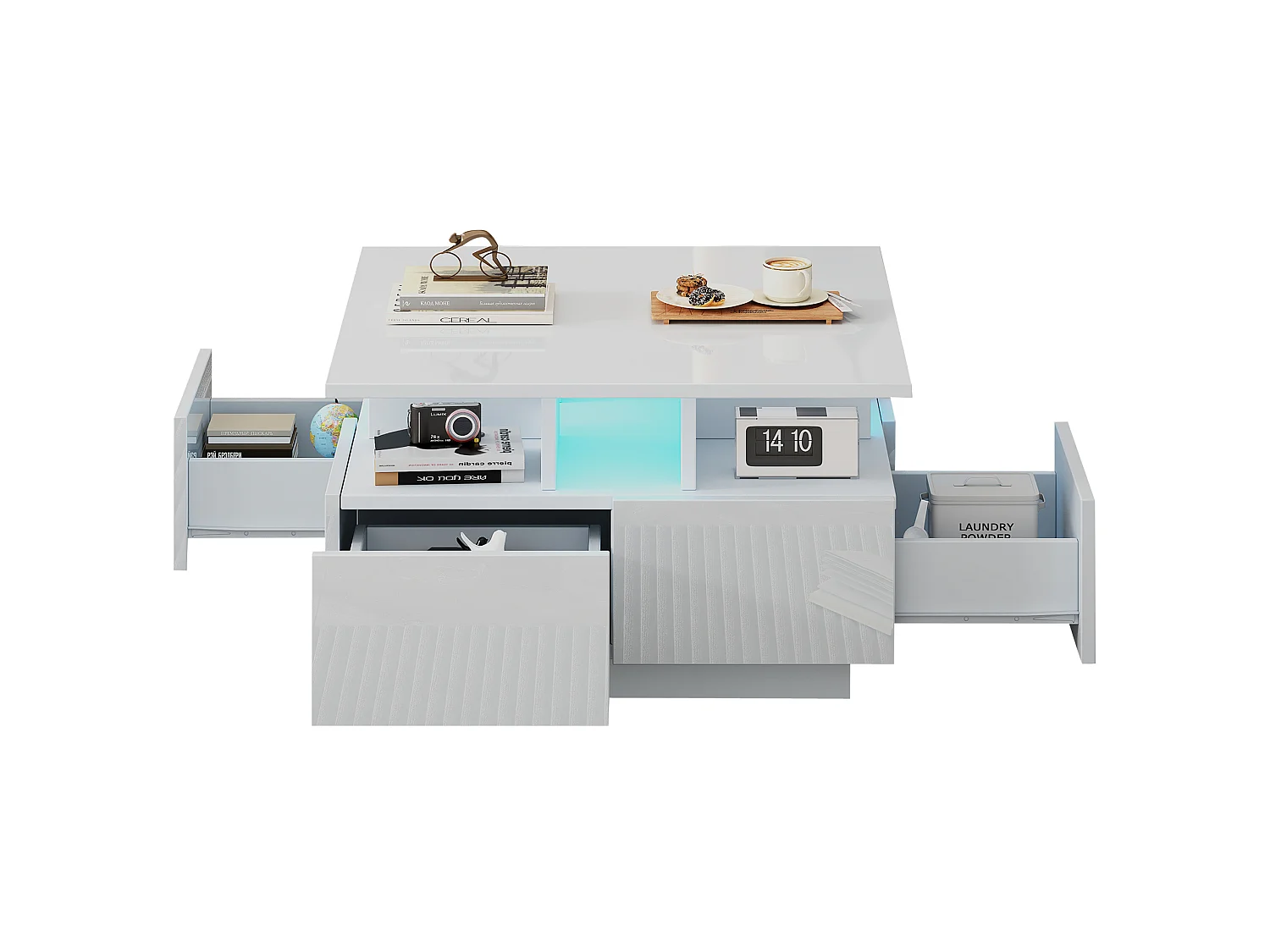 Tavolino da salotto in truciolare bianco lucido 70 x 70 x 40 cm con 4 cassetti e luce LED