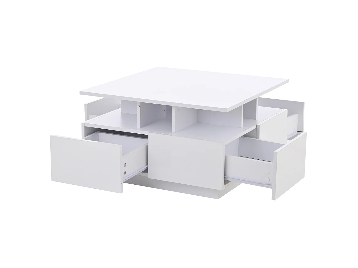 Tavolino da salotto in truciolare bianco lucido 70 x 70 x 40 cm con 4 cassetti e luce LED