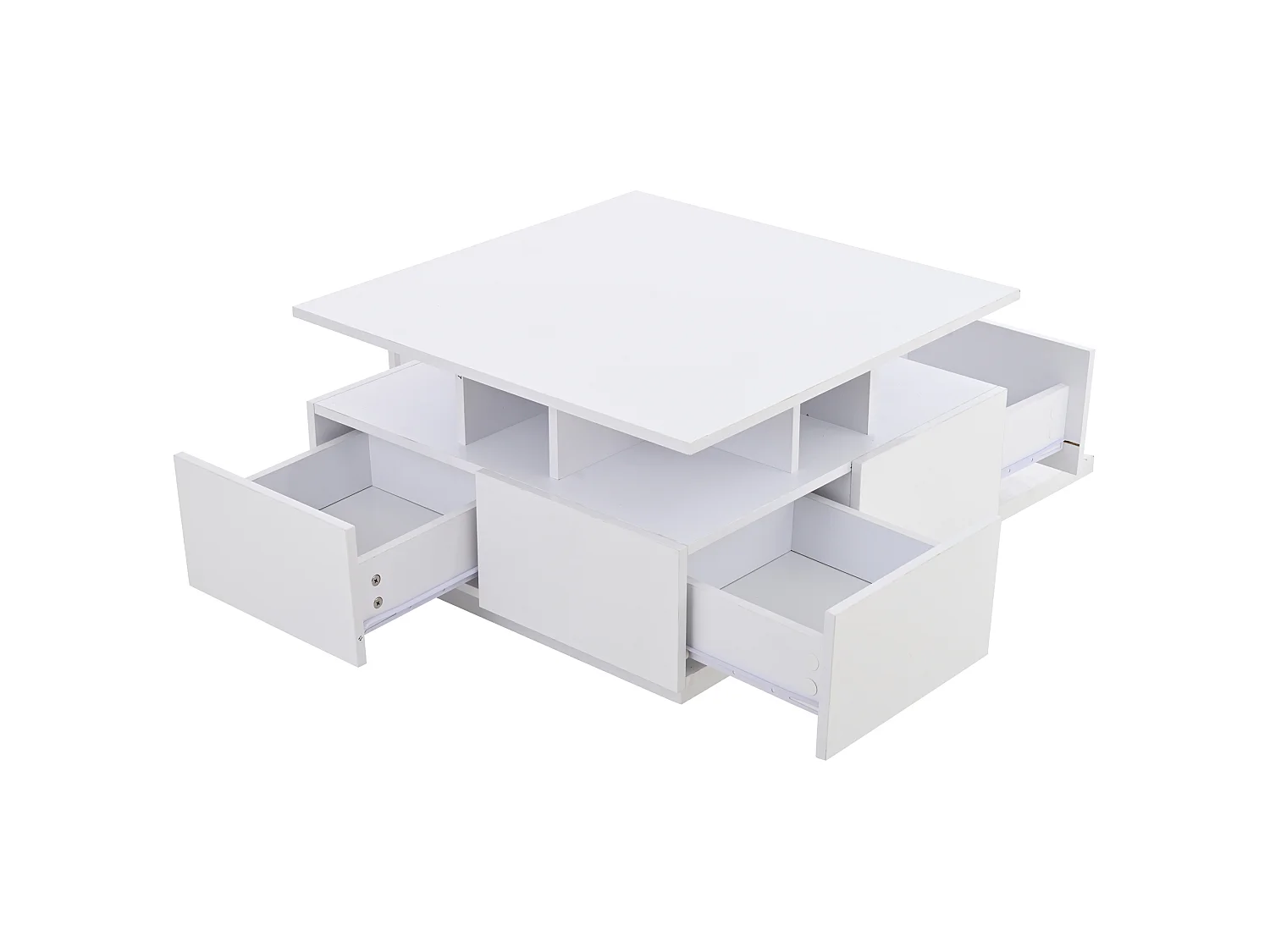 Tavolino da salotto in truciolare bianco lucido 70 x 70 x 40 cm con 4 cassetti e luce LED