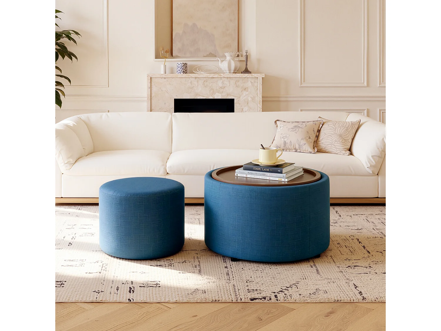 Pouf gigogne 58 cm avec rangement et plateau en bois Bleu Lin Ensemble 2 pièces