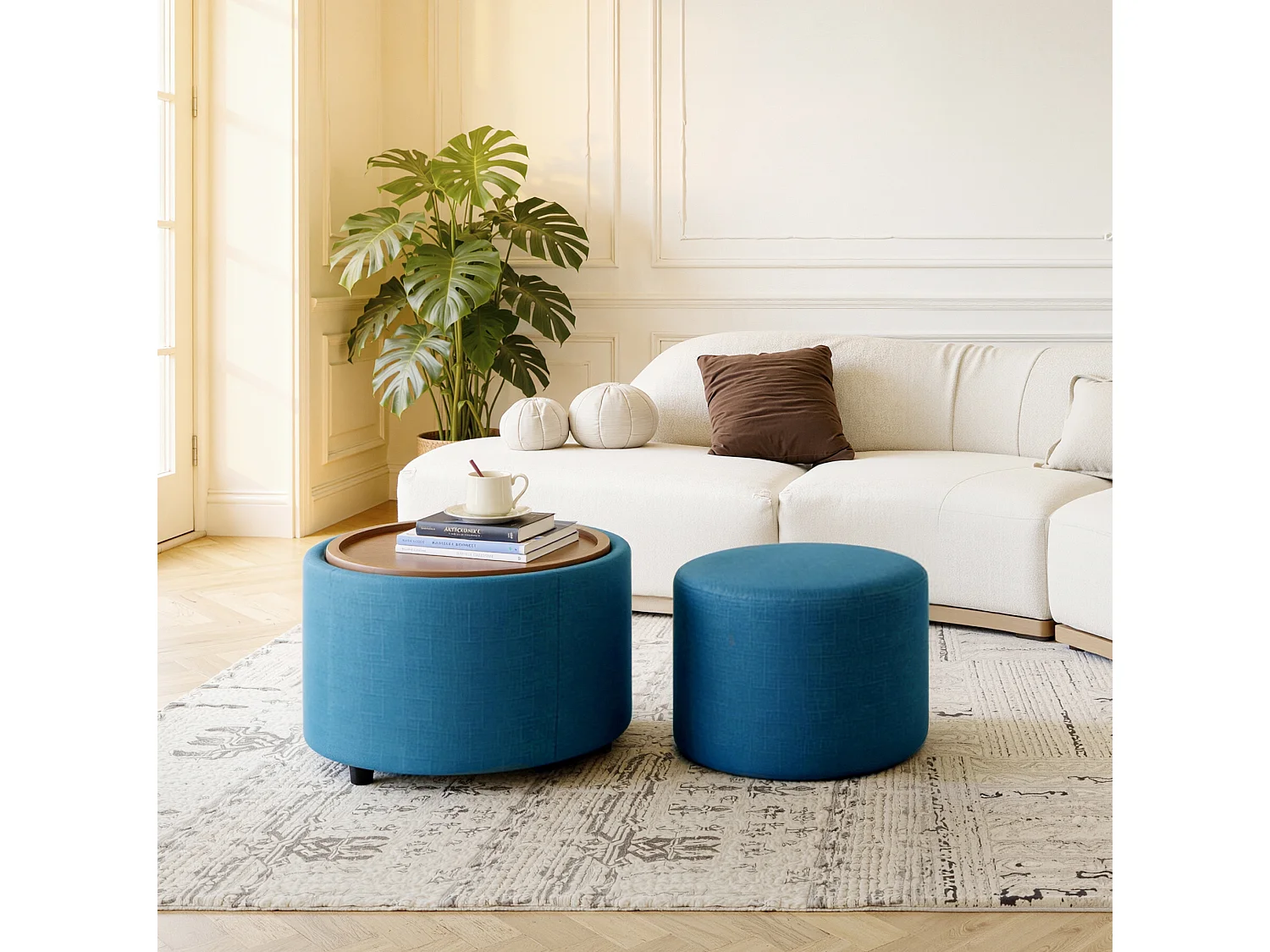 Pouf gigogne 58 cm avec rangement et plateau en bois Bleu Lin Ensemble 2 pièces
