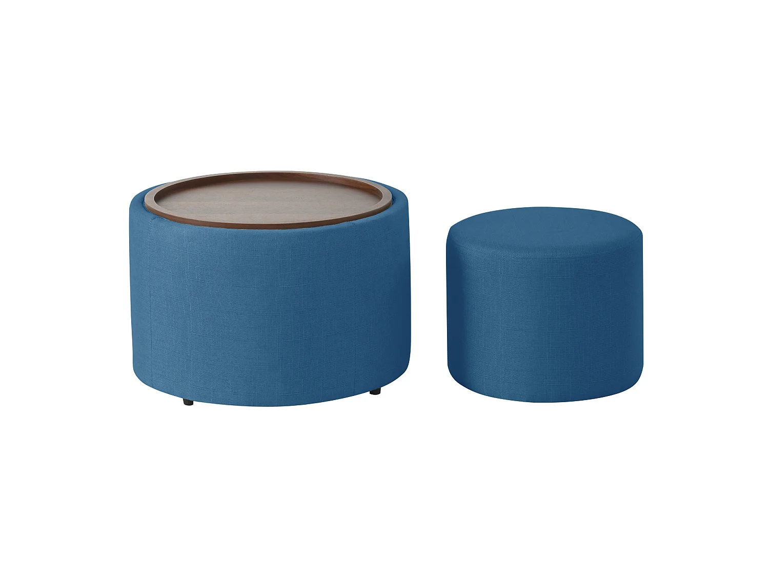 Pouf gigogne 58 cm avec rangement et plateau en bois Bleu Lin Ensemble 2 pièces