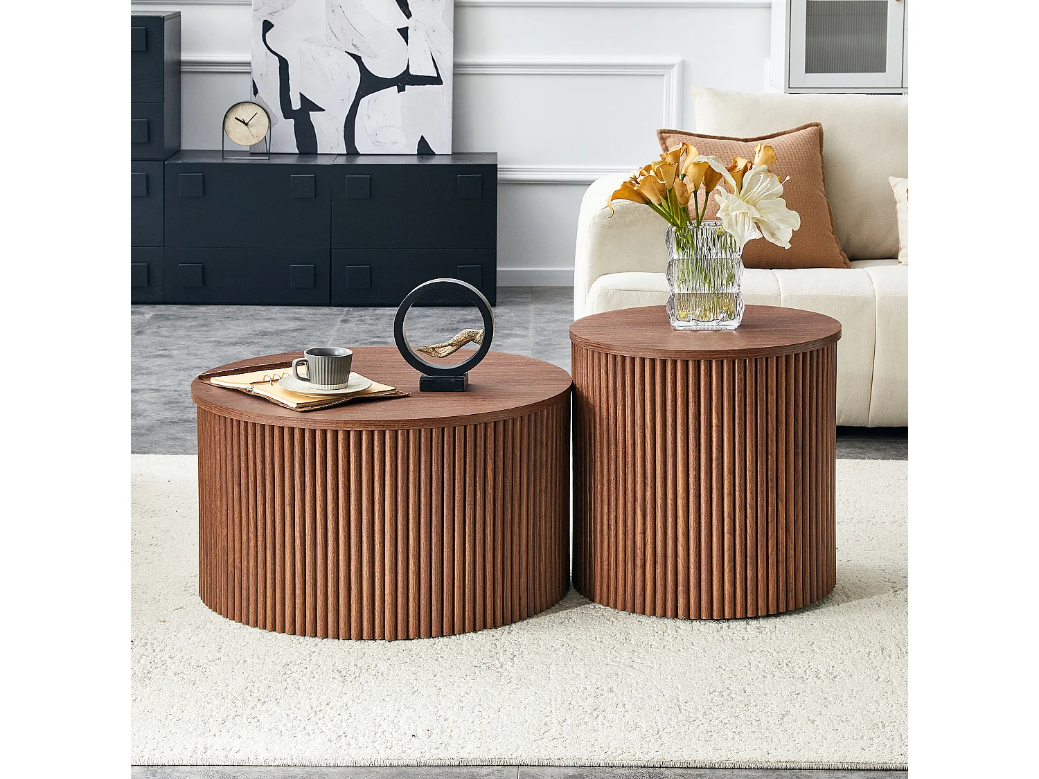 Table basse gigogne avec rangement MDF noyer Ensemble 2 pièces