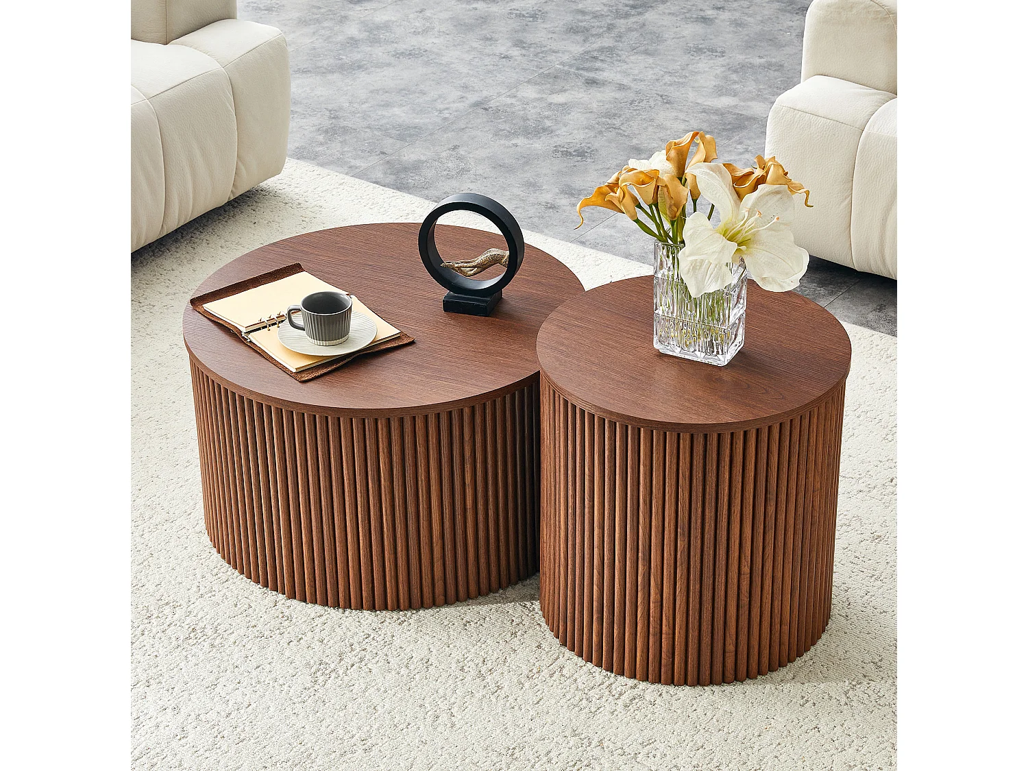 Table basse gigogne avec rangement MDF noyer Ensemble 2 pièces