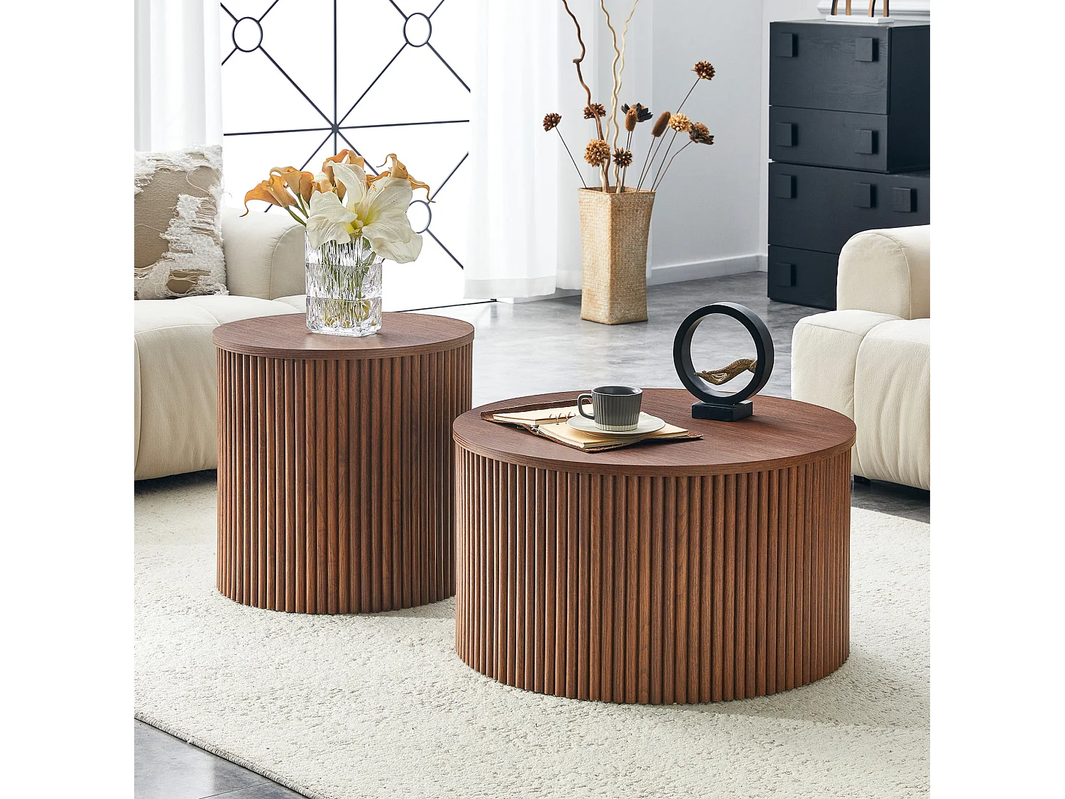 Table basse gigogne avec rangement MDF noyer Ensemble 2 pièces