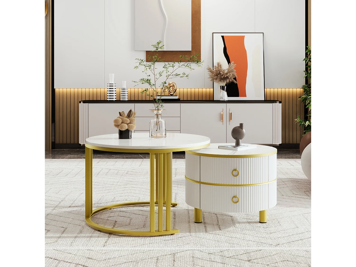 Conjunto de 2 mesas de centro redondas de MDF blancas y doradas con 2 cajones, 70 x 70 y 50 x 50 cm